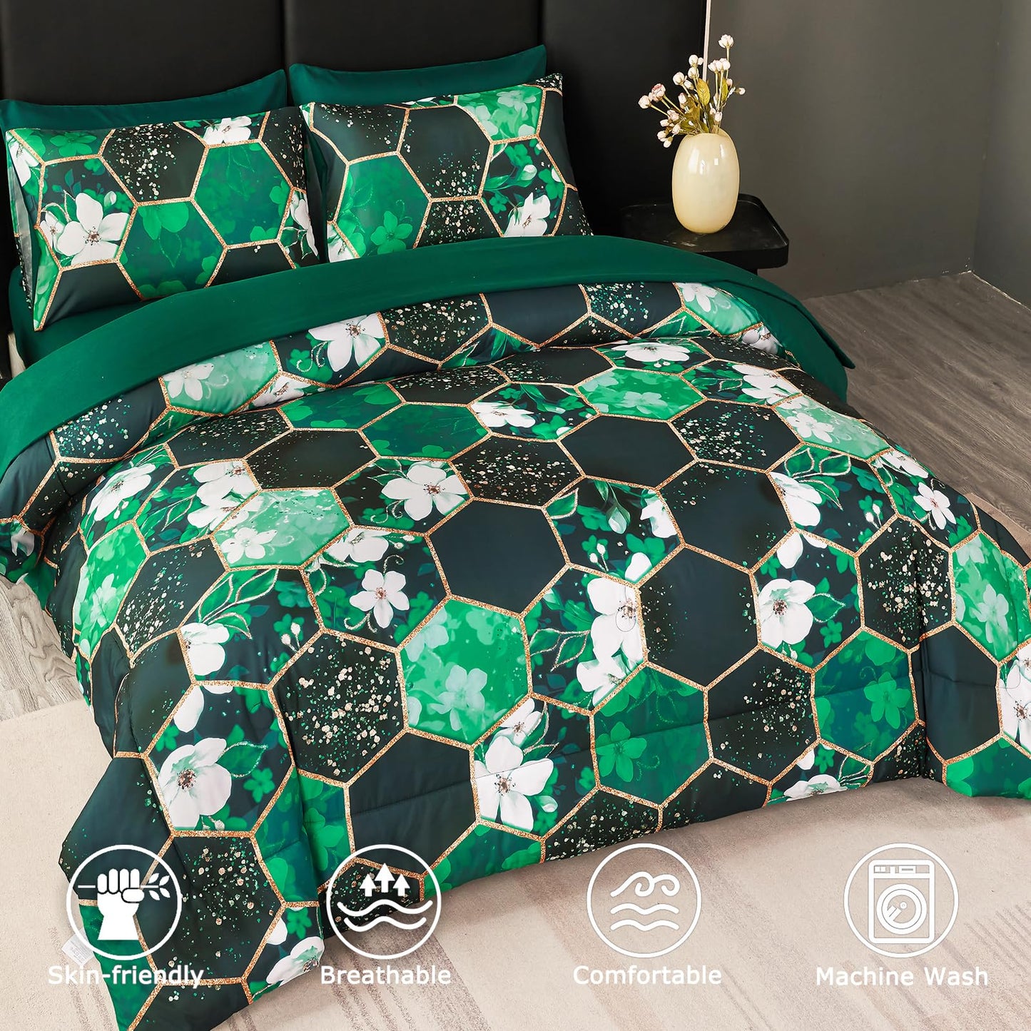 ZRNBAST Emerald Green Queen Size Comforter Set, 7 Pieces Bed in a Bag, Soft Microfiber Floral Bedding Sets, Geometric Bed Set with Sheets All Season(Green Floral,Queen)