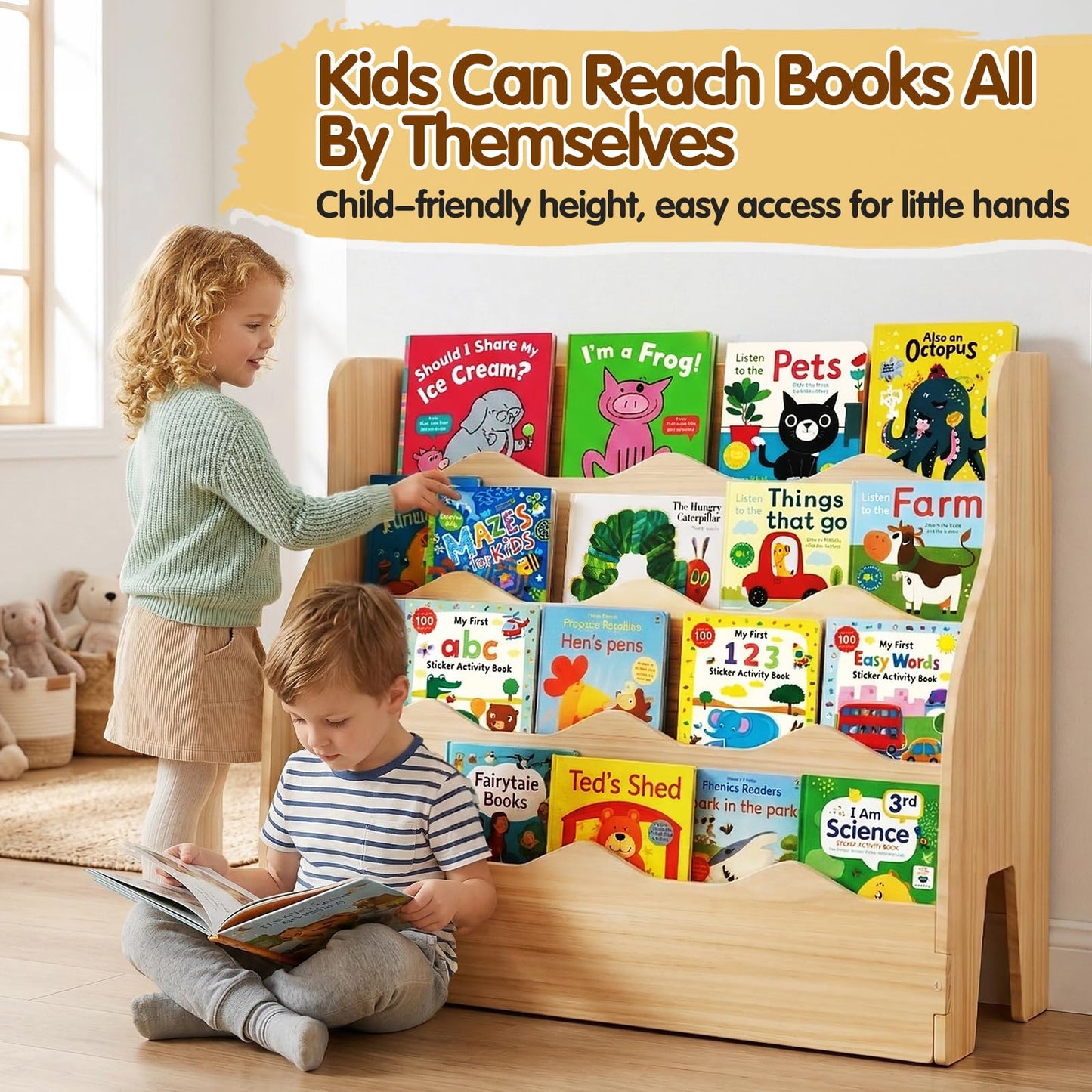 Chuiendi 4 Tier Montessori Kids Bookshelf, Wooden Front Facing Book Shelf for Kids Room, 31.5" W x 23.6" H Toddler Bookcase for Picture Books, Nursery Storage Organizer for Bedroom Playroom Classroom