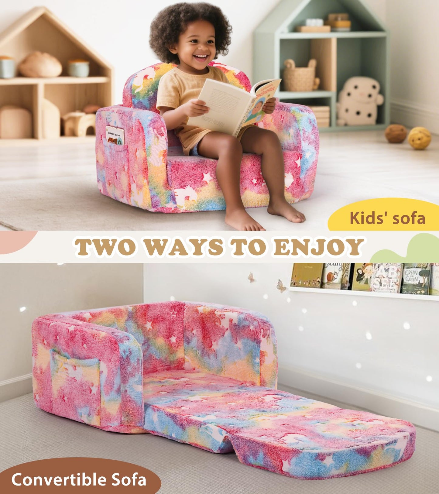 Kids Couch, 2-in-1 Soft Toddler Couch Fold Out with Blanket and Cloud Pillow, Glow in The Dark, Toddler Chair Comfy, Convertible Sofa, Gifts for Kids Girl Boys, Medium Pink Unicorn
