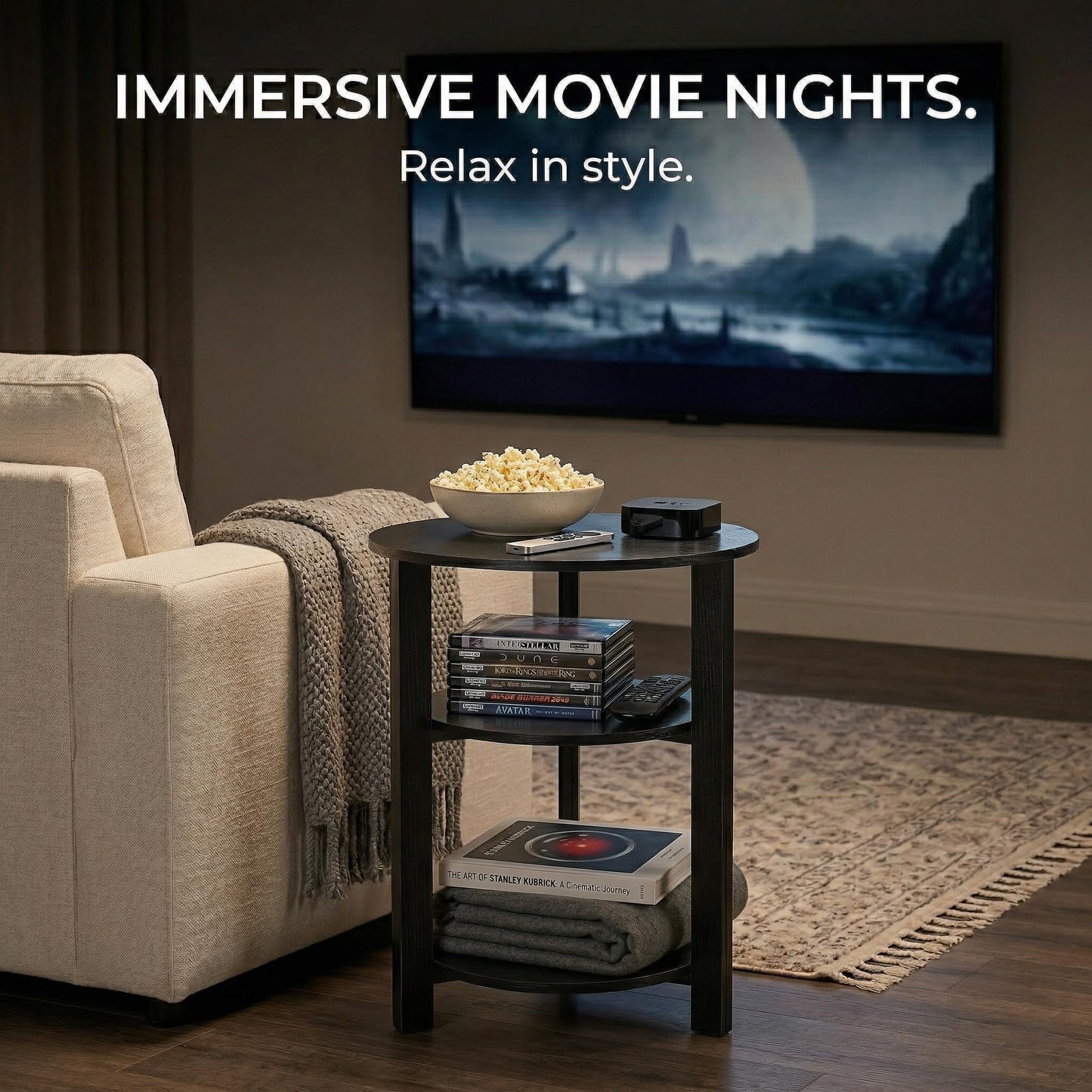 Farmhouse 3-Tier Round Side Table,17.7*21.7inch End Table with Open Storage,Modern Couch Accent Table Circular Nightatand for Living Room,Bedroom,Office,Wooden Table for Narrow and Small Spaces,Black
