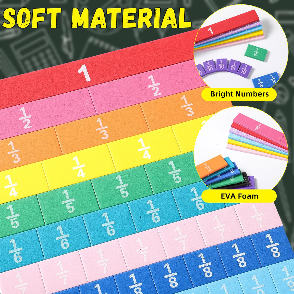 Sayglossy 12 Sets Fraction Tiles Set for Classroom Rainbow 11.8 x 8 in Fraction Strips Bars Math Manipulatives Montessori Math Materials for Home Learning School Educational (Vivid Color)