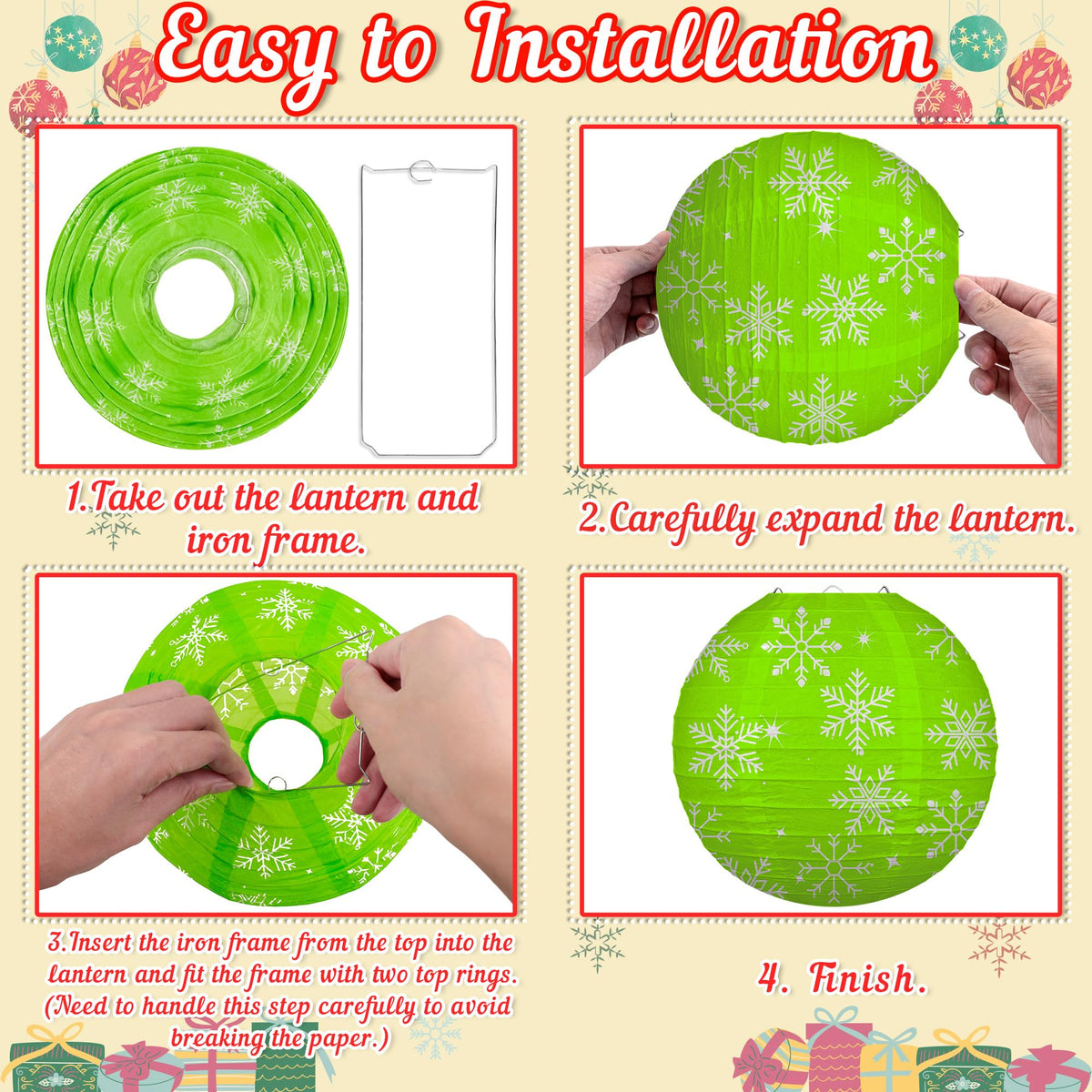 Renbuzhu 15PCS Christmas Decorations Ornaments Set – 9 Red White Green Paper Lanterns, 4 Pom Poms, 2 Hanging Swirls for Indoor, Home, Xmas Party, Porch Decor