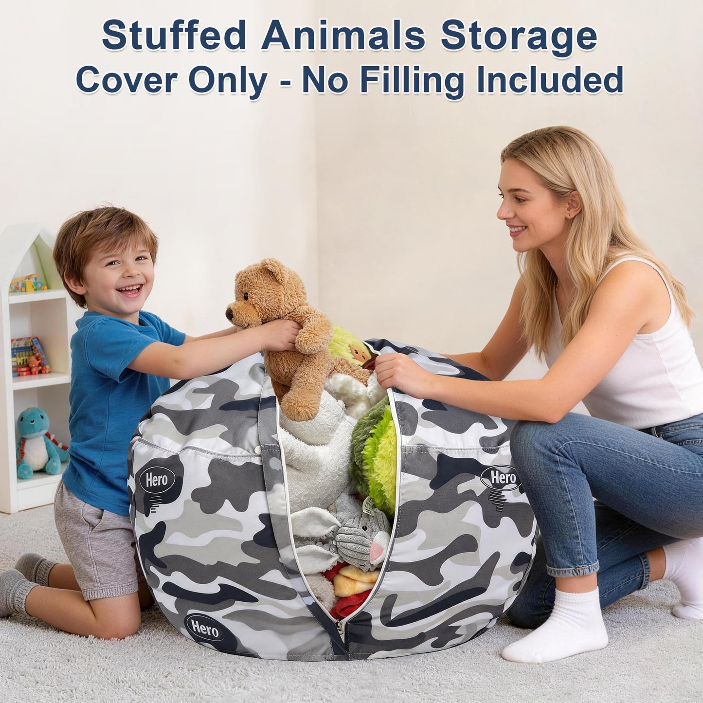 Lukeight Camo Stuffed Animals Storage Bean Bag Chair Cover for Adult Teen, Cozy Velvet Plush Toy Organizer Seat, Cover Only, No Filling Included, Long YKK Zipper, Side Pocket, XXX-Large 42 x 23 in