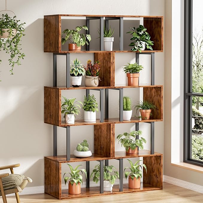 Furologee 6 Tier Bookshelf, Tall S Shaped Geometric Bookcase, Modern Display