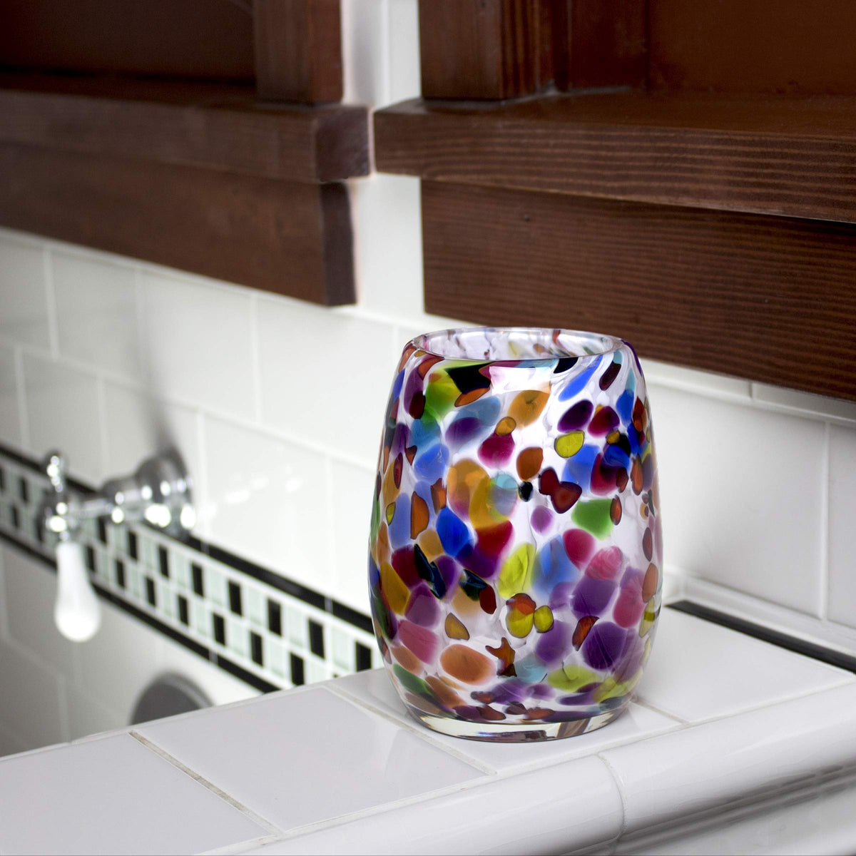 Totally Blown Glassworks Votive Candle Holder, Tea-Light, Handmade Blown Glass, Accent Vase, Centerpiece, Home Decor, Artist Dehanna Jones, Seattle, WA. (White Over the Rainbow)