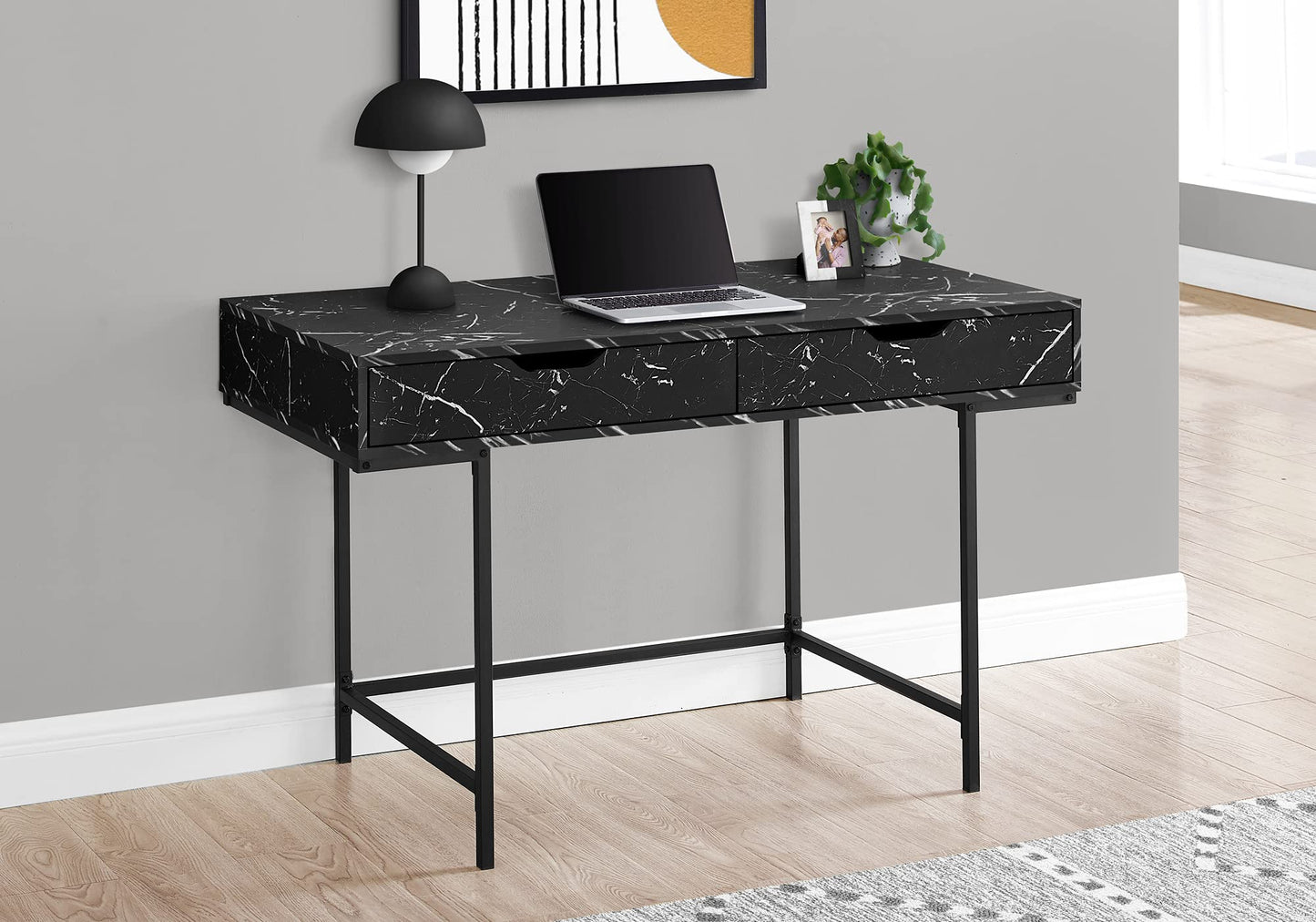 Monarch Specialties I 7552 Computer Desk, Home Office, Laptop, Storage Drawers, 48" L, Work, Metal, Laminate, Black Marble Look, Contemporary, Modern
