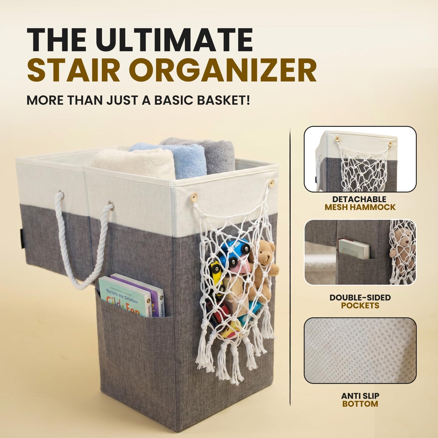 DONAQ Stair Basket with Hammock for Carpeted & Wooden Stairs – Staircase Basket Organizer for Laundry, Toys, Books, Blankets & Household Storage - Large Stairstep Basket Bin with Cotton Handle