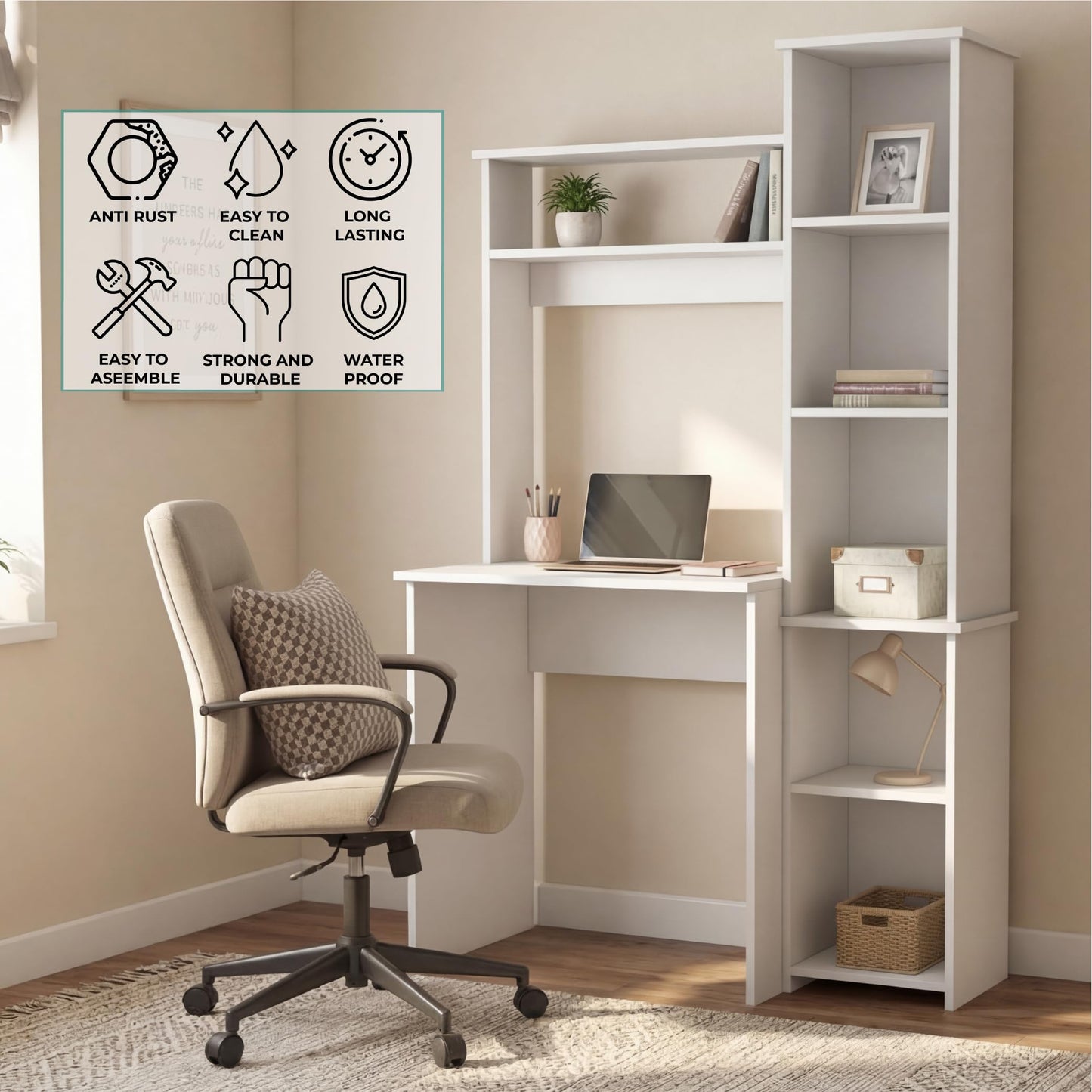 Tuhome Versalles Writing Desk with Two Superior Shelves, Five Side Open Storage Compartments, Space-Saving Modern Workstation Design for Studios and Offices, Ideal for Organization, Books