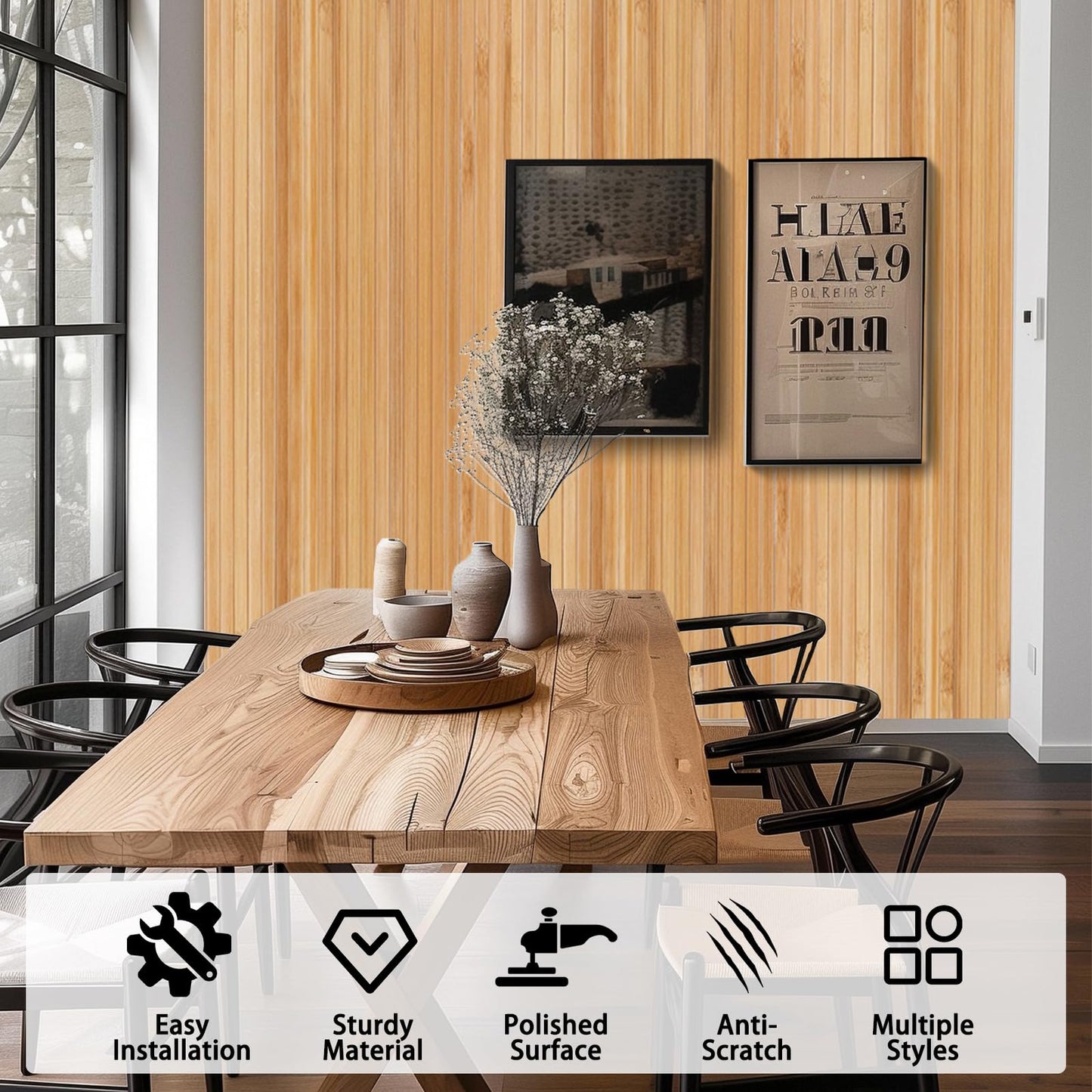 FONUNO Bamboo Wall Panel for Interior Decoration Bamboo Pole Wrap Roll Natural Wainscoting Paneling Decorative Wall Slat Covering for Living Room, Bedroom, Office (16 Inch x 96 Inch, Carbonized)
