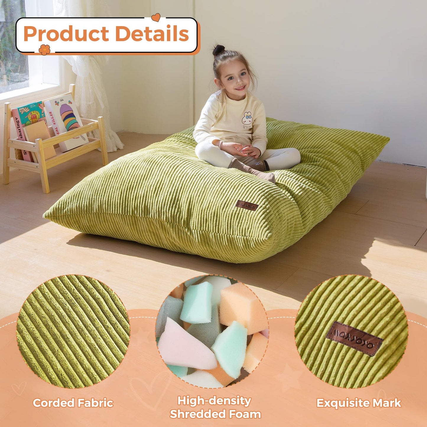 MAXYOYO 3 in 1 Kids Bean Bag Chair Bed, Convertible Chair Folds from Bean Bag to Lounger, Child Floor Sofa for Gaming, Reading, Floor Couch with High-Density Foam Filling