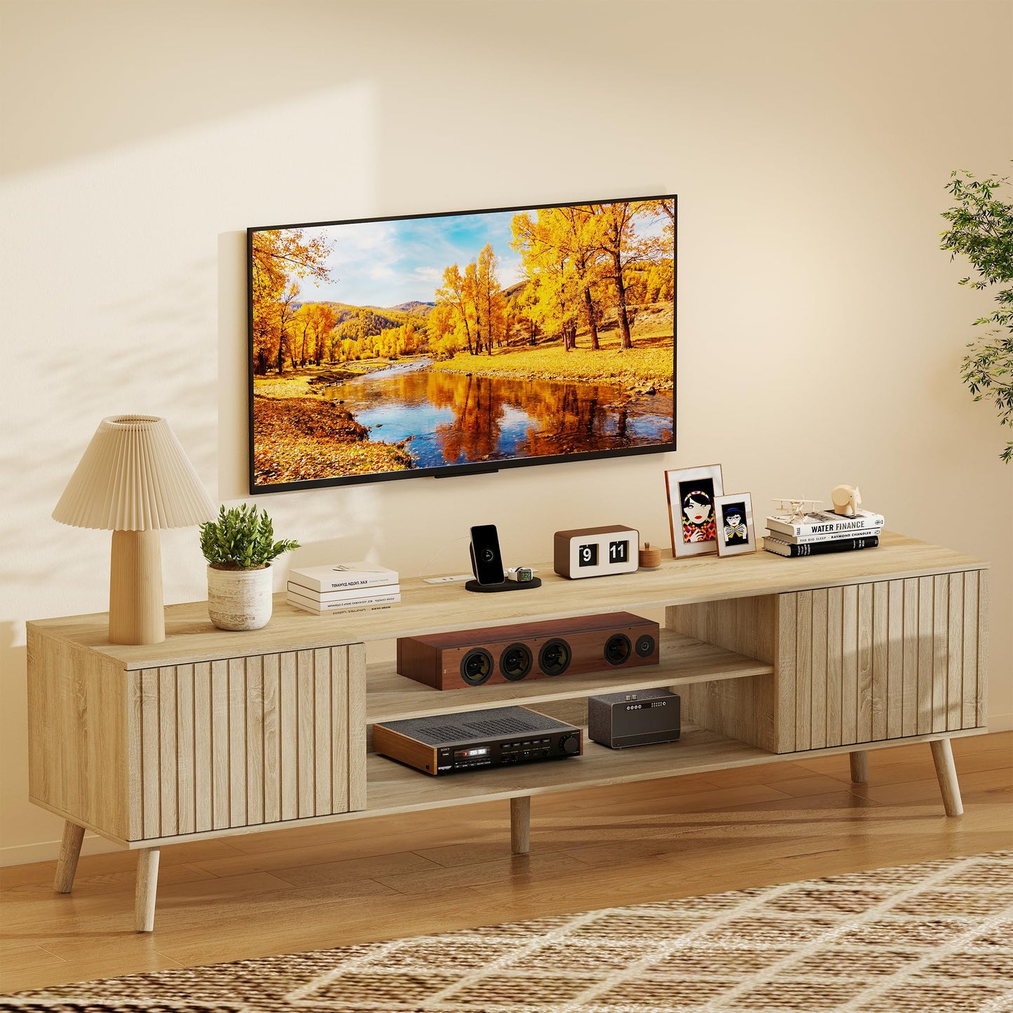 YOSHOOT TV Stand for 75 inch TVs, Mid Century Modern Entertainment Center with Power Outlet,Fluted Media Console with Open Shelves and Storage Cabinets for Living Room & Bedroom, Natural