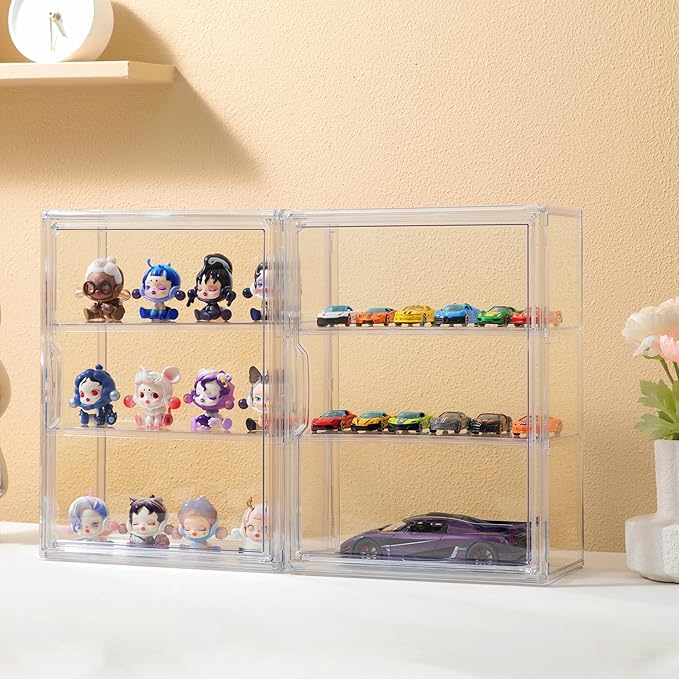 Attelite Acrylic Display Cases for Collectibles, 4 Pack 3 Layer Clear Display