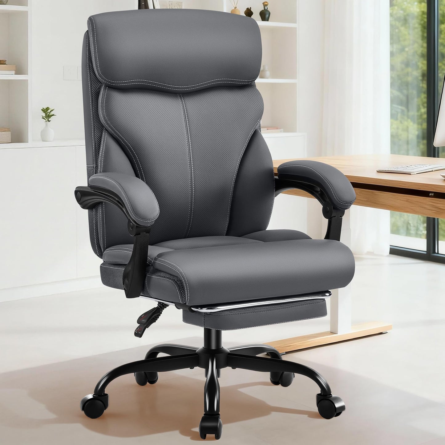 AreShark Office Chair - Ergonomic Comfortable High Back Computer Desk Chair with Foot Rest - Executive Breathable Swivel Rolling Reclining Leather Chair with Lumbar Support for Home Gaming Relaxing