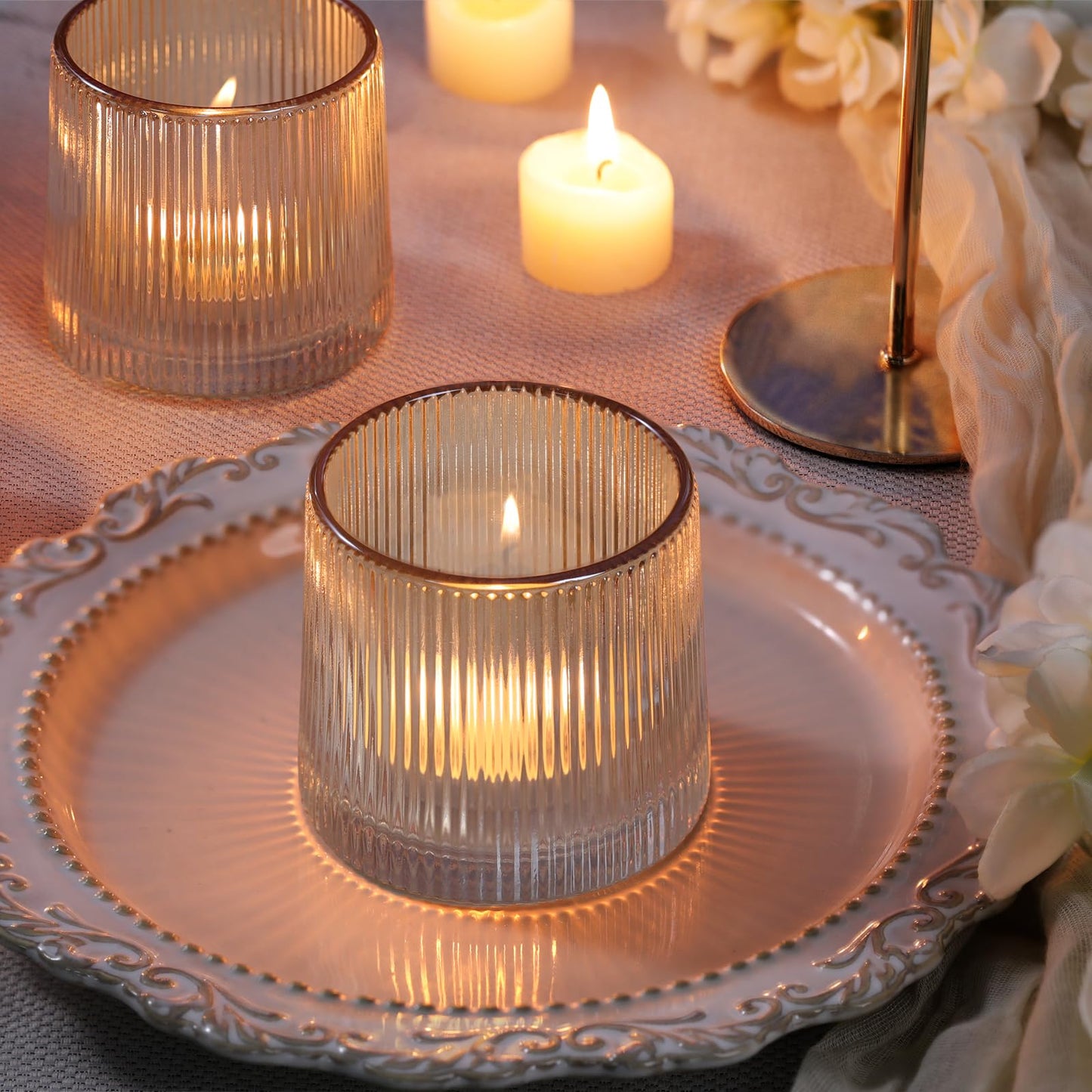 DARJEN Gold Ribbed Tealight Votive Candle Holders Set of 10- Tea Light Candle Holders Glass for Table Centerpiece, Votive Candle Holders for Home, Wedding & Fall Decor