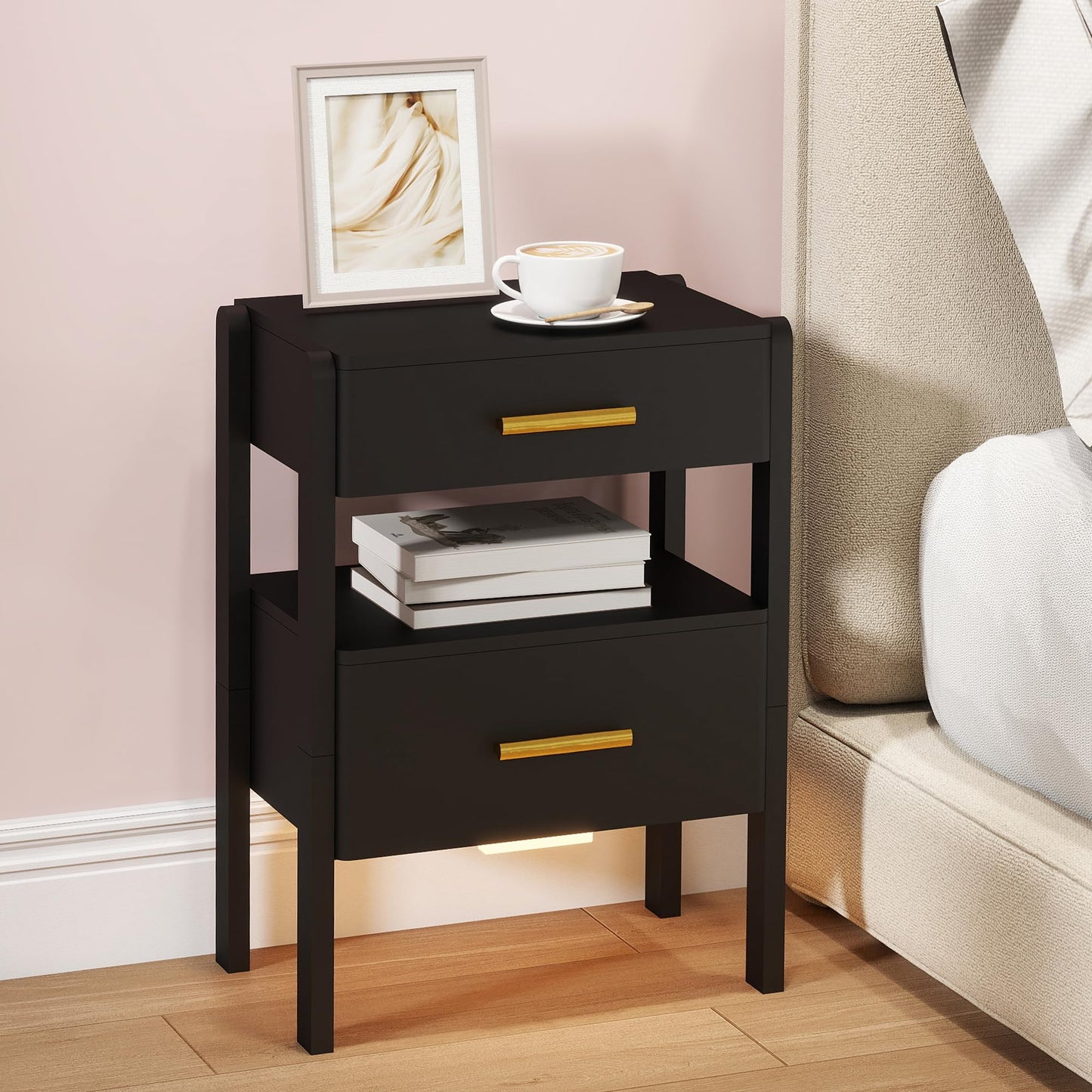 Tltaroni Nightstand with 2 Drawers and Open Shelf Wooden Bedside Table Gold Handles Modern Storage Night Stand Sensor Light for Bedroom, Black
