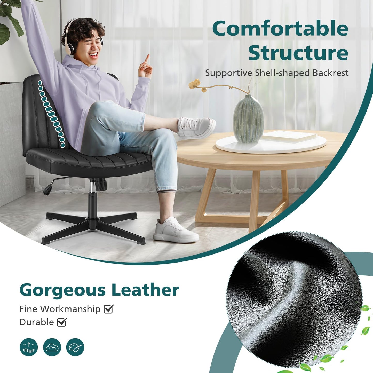 OLIXIS Criss Cross Legged Chairs No Wheels, Wide Seat Height Adjustable Swivel Chair,Padded PU Leather Armless Desk Chair for Home Office Bedroom, Student, Study Room,Black-Pu