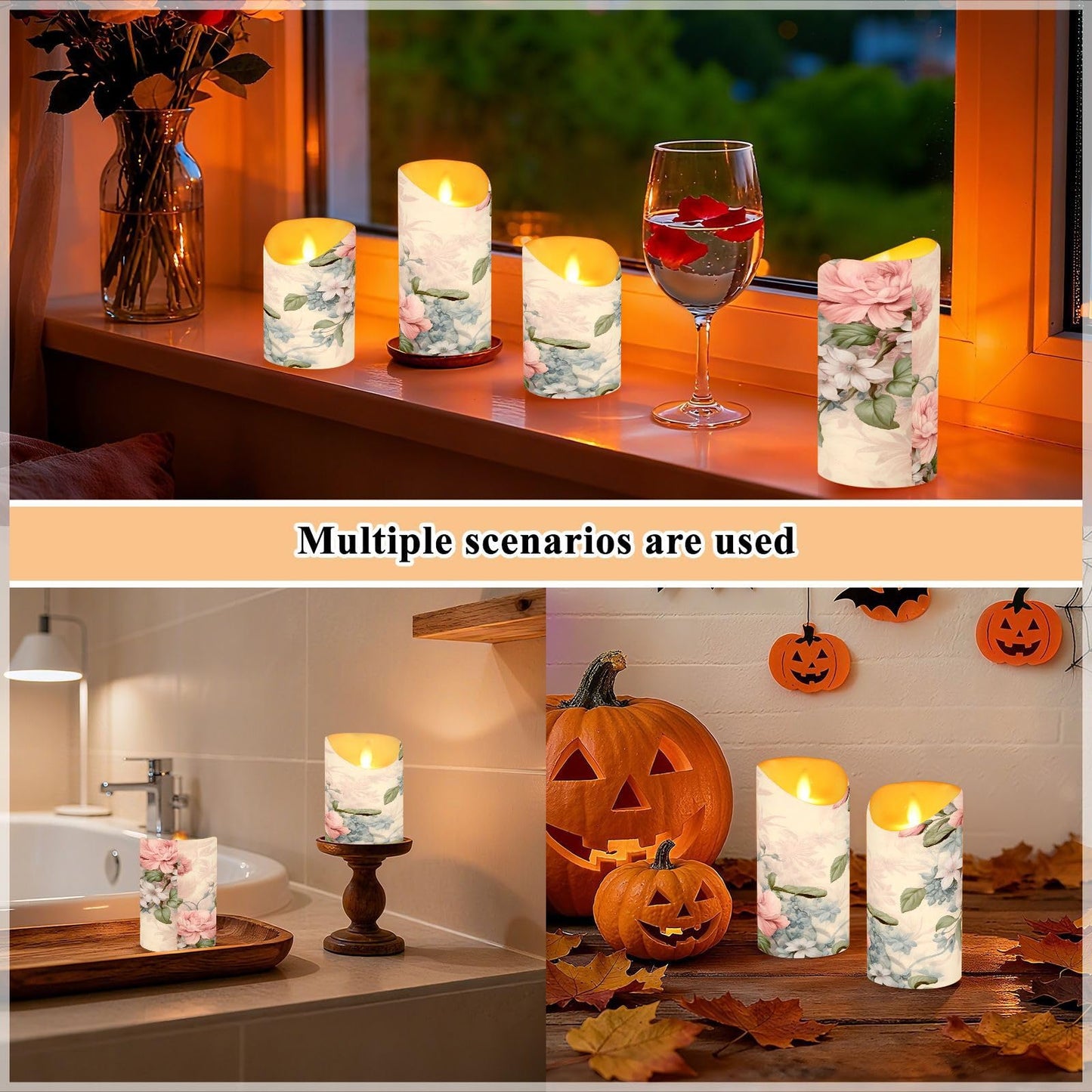 ALAZA Pink Flowers Flora Flickering Flameless Candles Battery Operated with Remote Timer,Tea Light Candles LED Pillar Votive Set of 2 for Outdoor Indoor Decorations 3" x3.9"