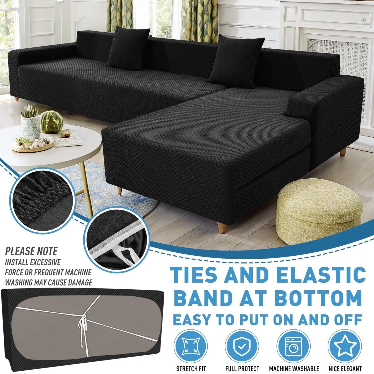 ZNSAYOTX Sectional Couch Covers, Stretch Jacquard Slipcovers with Elastic Bottom for L-Shape Sectional Sofa, 2 Pcs Pet Friendly Modular Sofa Protector (3 Seat Couch + 3 Seat Chaise, Black)