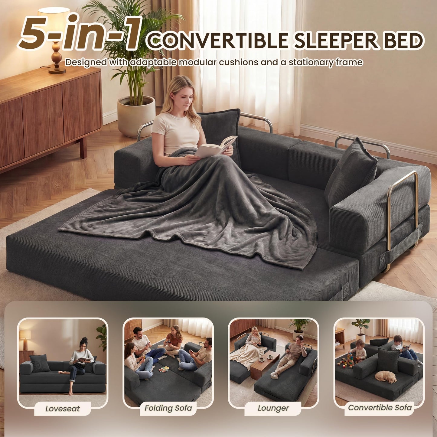 GRUSIGN 78 Inch Convertible Sofa Bed, 5-in-1 Futon Sofa Bed Pull Out Couch, Boneless Couch Bed for Living Room, Corduroy Boneless Couches for Bedroom, Apartment, No Assembly Sleeper Sofa Bed, Gray