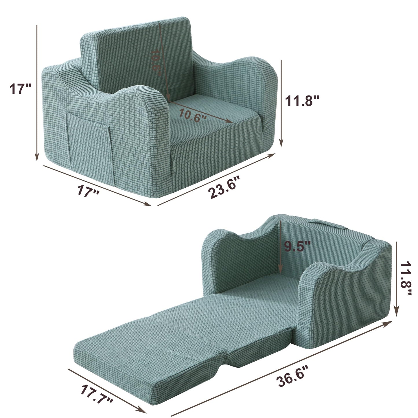 Toddler Couch 2-in-1 Flip Open Waffle Weave Kids Sofa, Forest Green