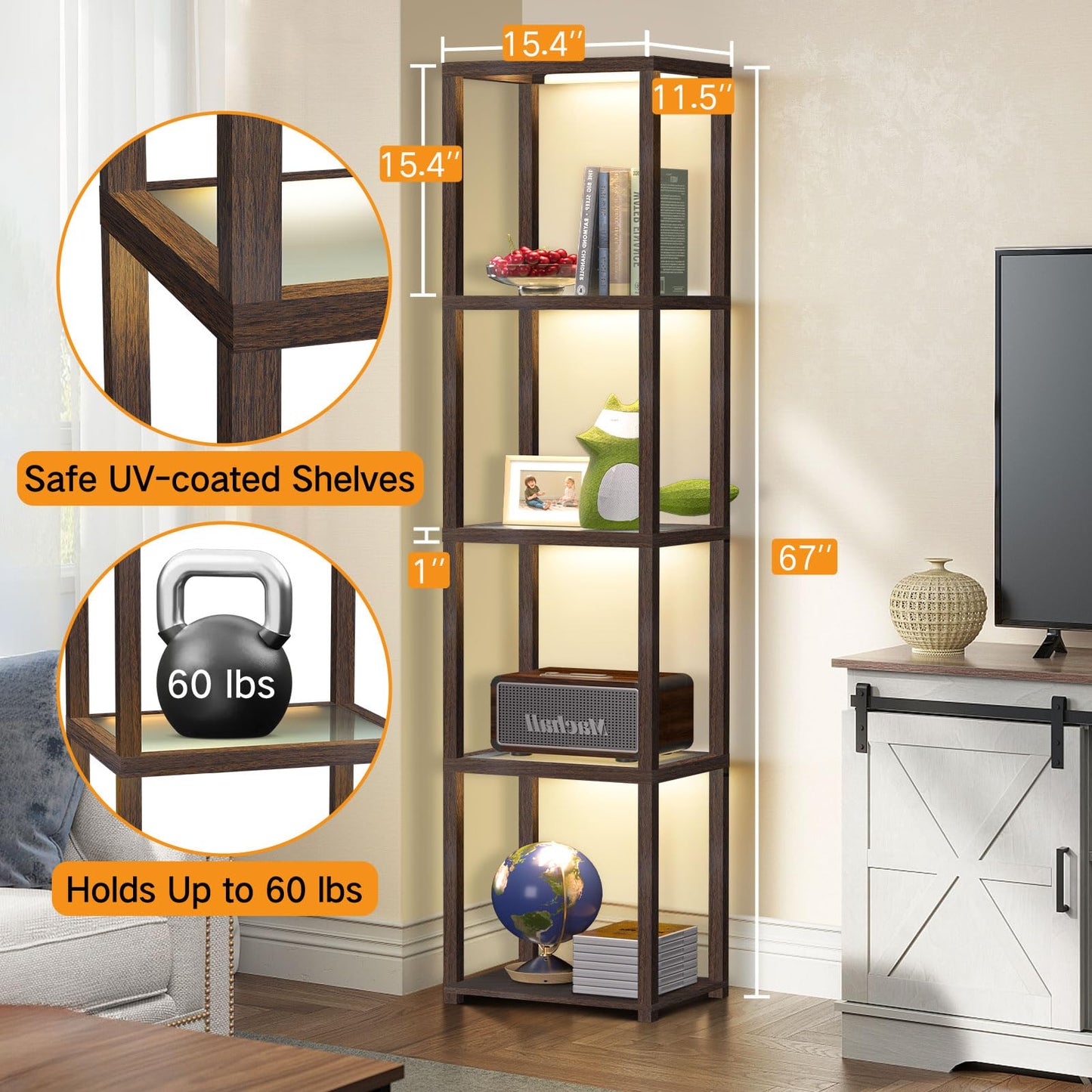 OUTON 67" Glass Display Shelf with Dimmable LED Floor Lamp, Collectibles Display Cabinet with Remote & App Control, 5 Tier Open Bookshelf Lamp for Living Room, Bedroom, Office, Home Decor, Walnut