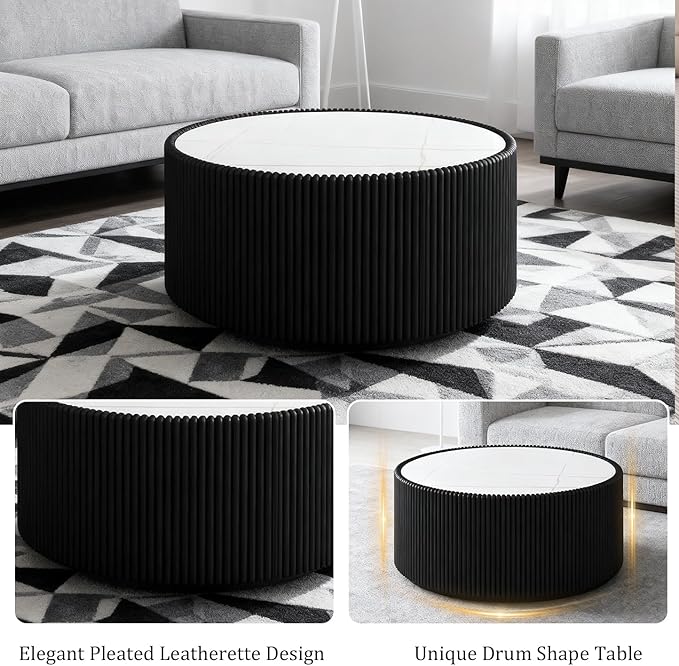 SSLine Round Drum Coffee Table Modern Sintered Stone Top Coffee Table in Black