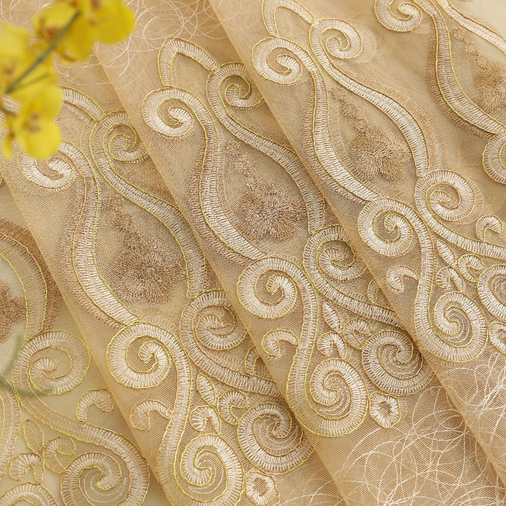Amidoudou 1 Pair European Jacquard Sheer Curtains Embroidered Tulle Curtains Living Room Bedroom Luxury Translucent Window screening (Gold,63x96 Inch)