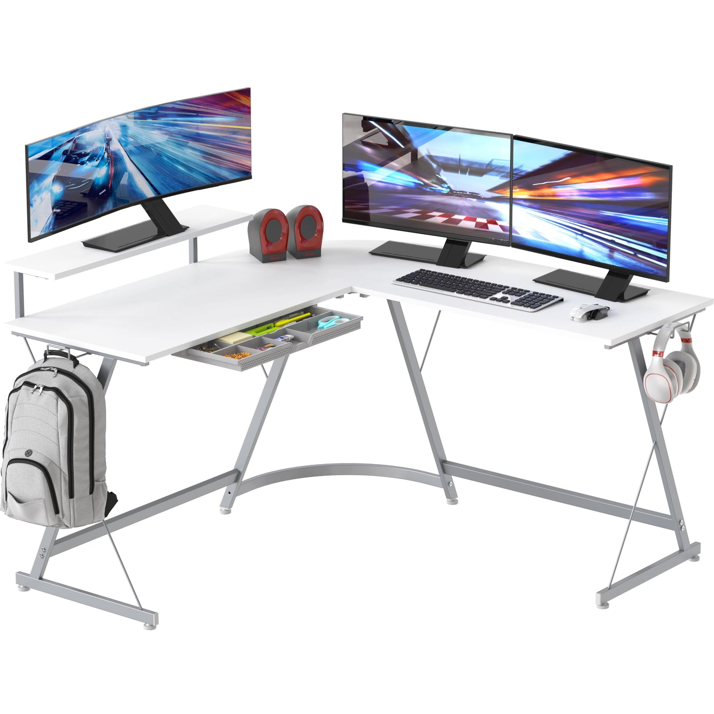 SHW 51 x 51 Inches Vista L-Shaped Desk with Monitor Stand and Drawer, White