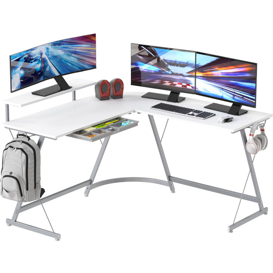 SHW 51 x 51 Inches Vista L-Shaped Desk with Monitor Stand and Drawer, White