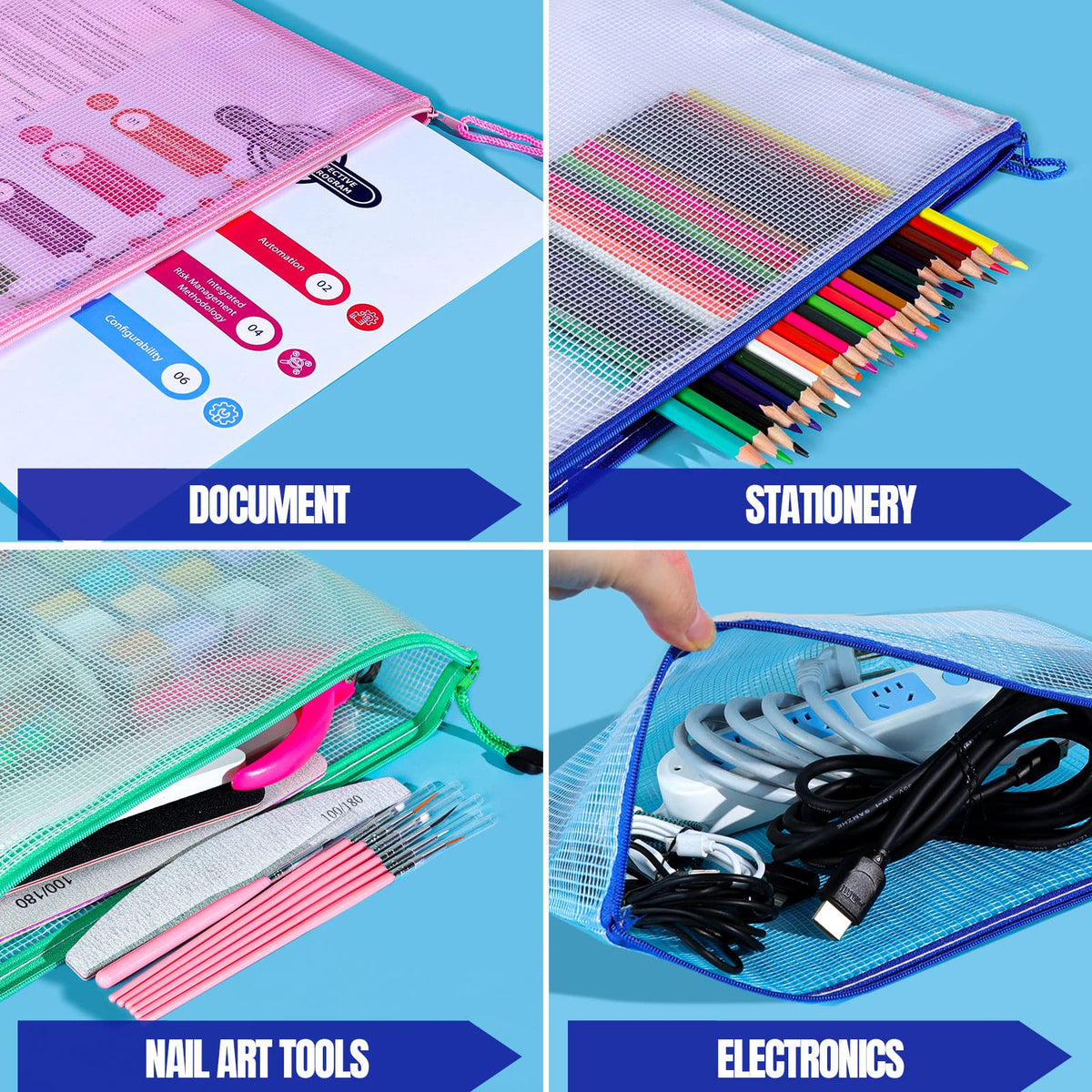 LEOBRO 20PCS Zipper Pouch, A4 Mesh Zipper Pouch Bags, Waterproof Bag, Mesh Bags for Classroom Organization, Toy Storage, School Supplies, Travel Essentials, File Jackets & File Pockets