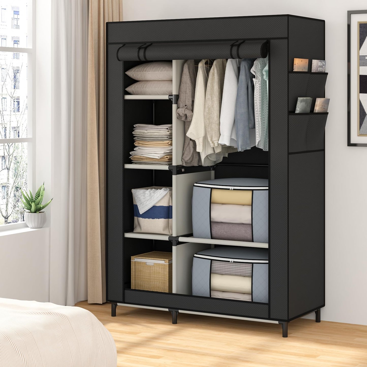 Calmootey Portable Closet, Wardrobe with 6 Shelves and Hanging Rod, Storage Organizer for Bedroom, Non-Woven Fabric Cover with 4 Side Pockets, Includes 2 Storage Bags for Clothes, Black