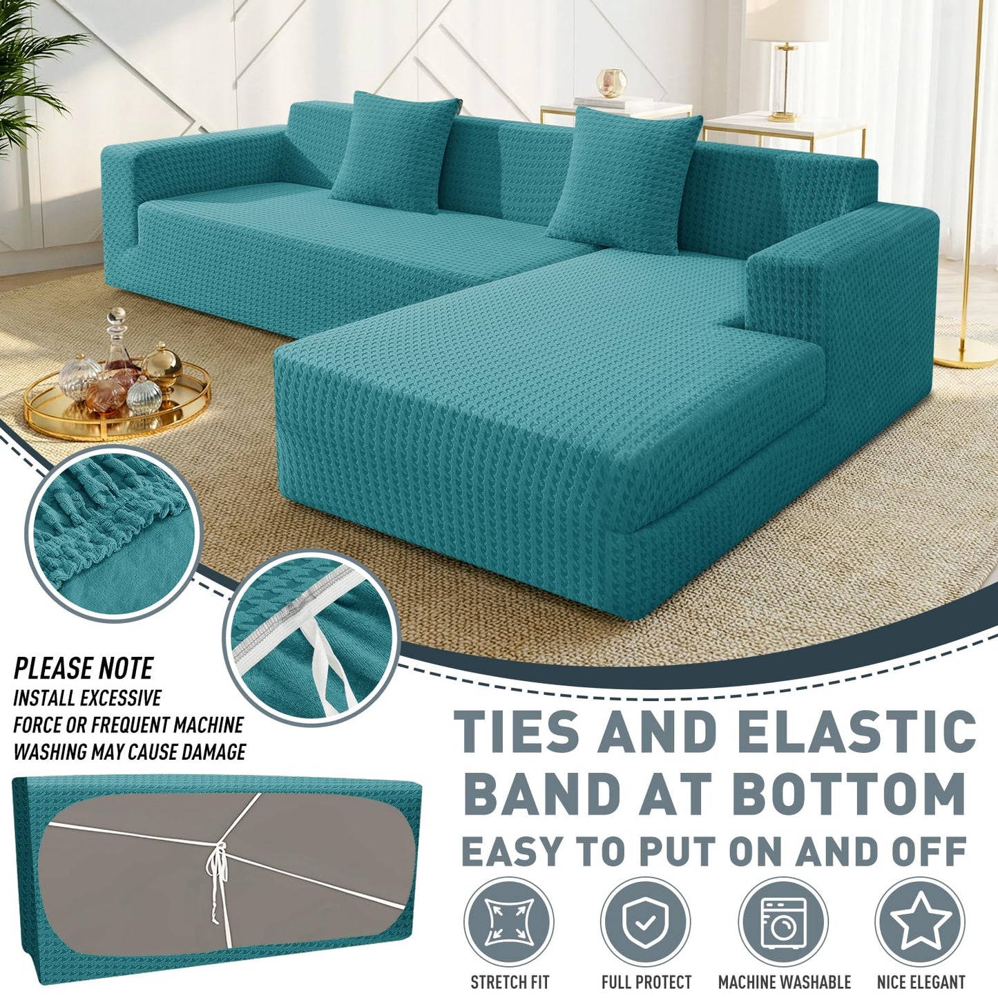 ZNSAYOTX Stretch Sectional Couch Covers New-Houndstooth Texture, Thick Slipcovers with Elastic Bottom for L Shape Sectional Sofa, 2 Pcs Pet Friendly Universal Protector (Chaise or Sofa), Peacock Blue