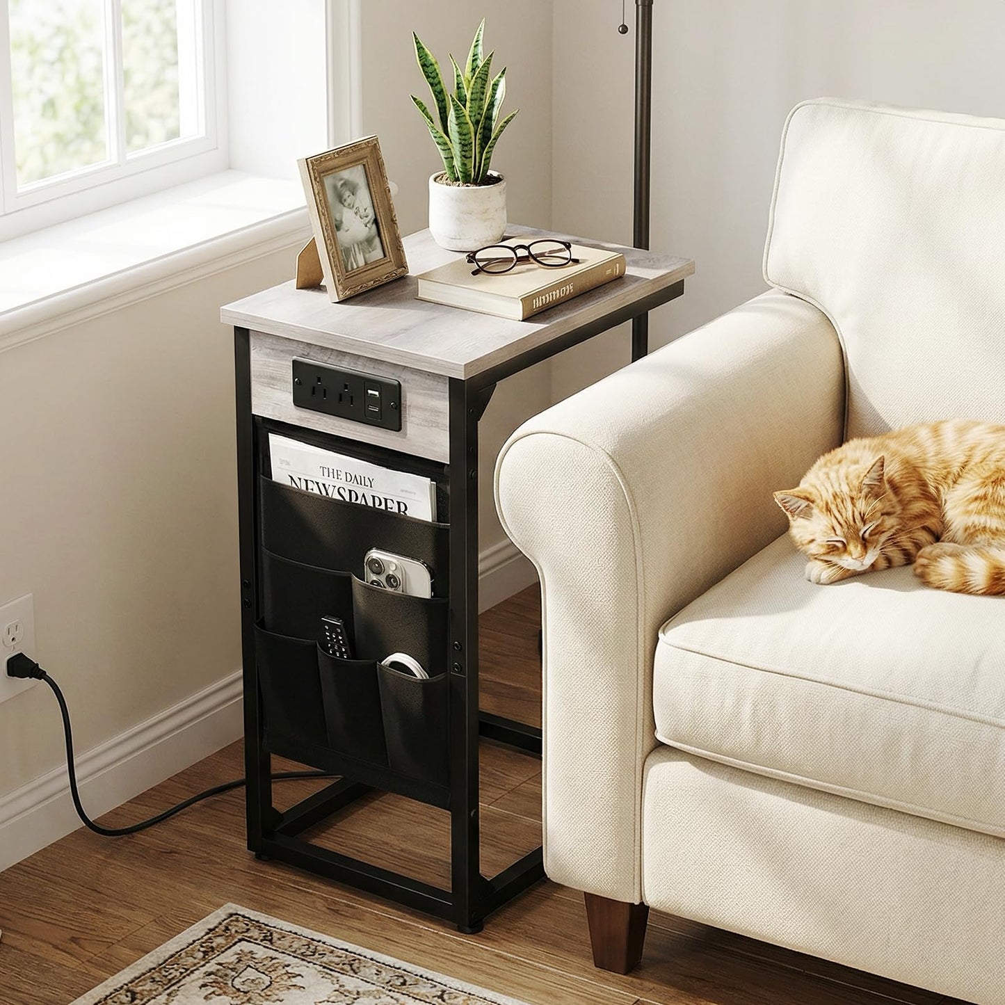 AMHANCIBLE C Shaped End Table with Charging Station, Couch Side Tables that Slide Under Sofa with Storage Bag, Slim TV Tray with USB Ports and Power Outlets for Living Room, Bedroom, Grey HET04CGY