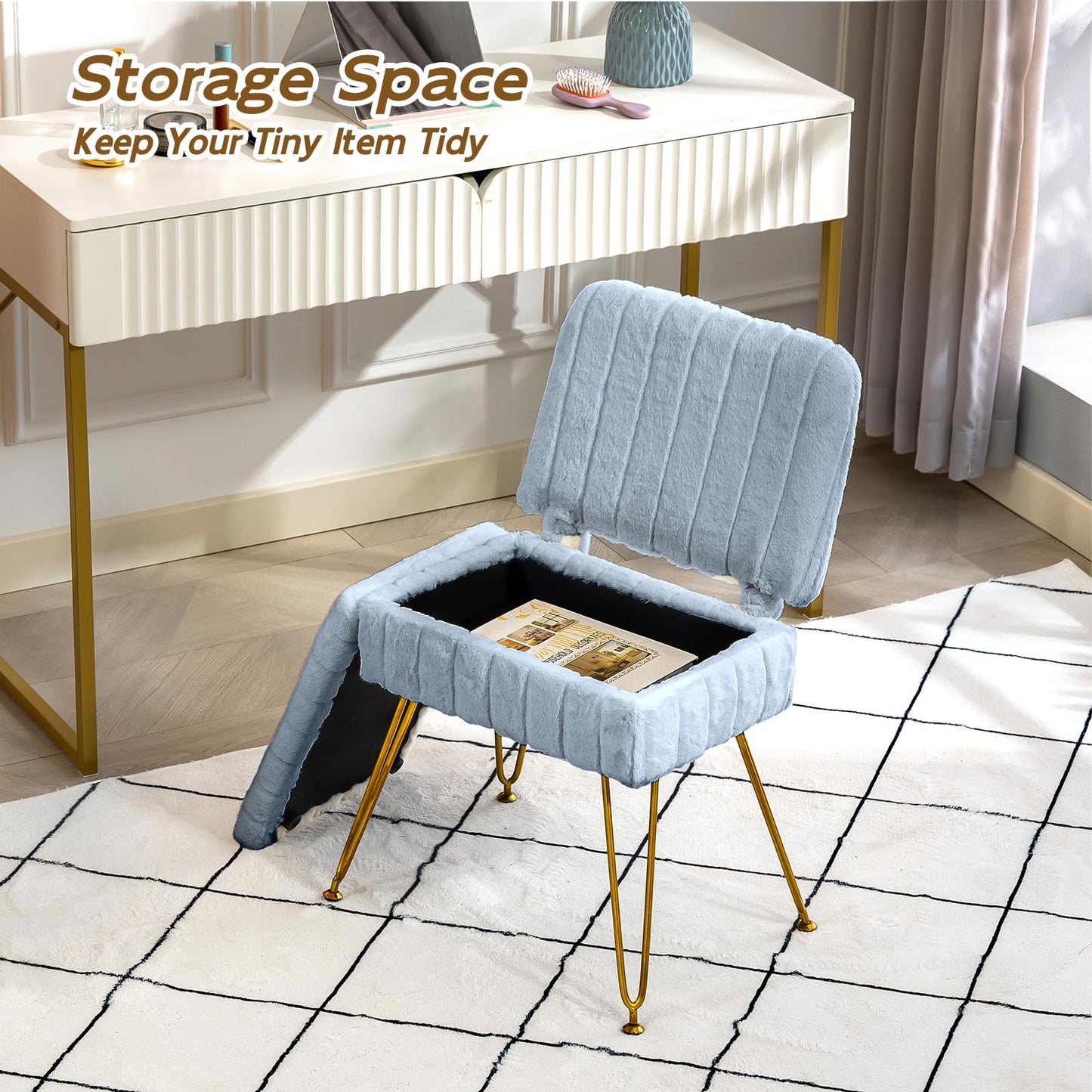 Manyday Vanity Chair with Storage, Comfy Ottoman with Folding Back, Faux Fur Vanity Stool with 4 Metal Legs for Make Up, Furry Padded Seat with Anti-Slip Feet for Bedroom Dressing Room, MistyBlue