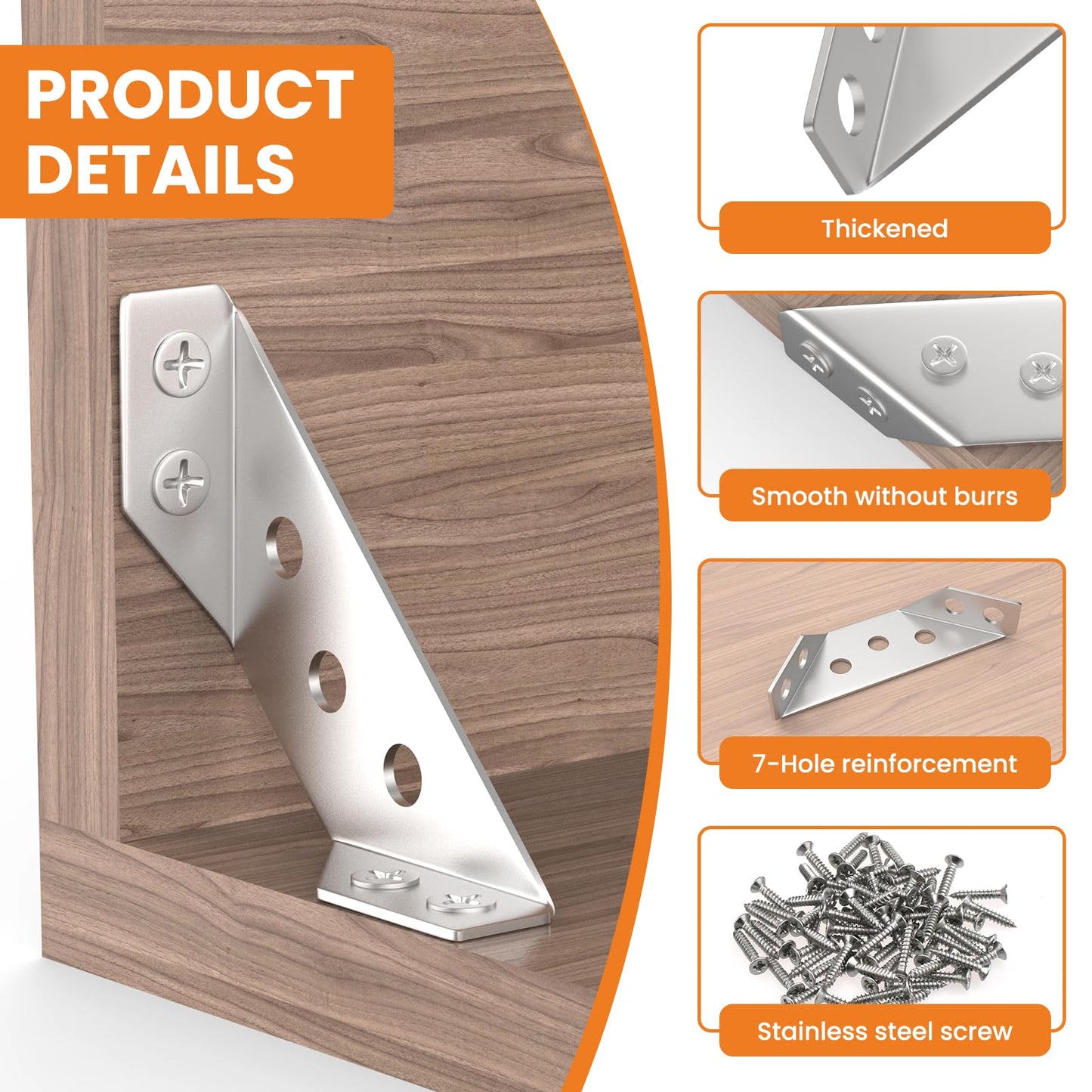 Aifeier ET 20PCS Furniture Corner Connector, Stainless Steel Corner Bracket Furniture Triangle Support Brace Angle Fasten Connector with 140 Screws for Wood Shelf, Cabinets, Tables, Chairs