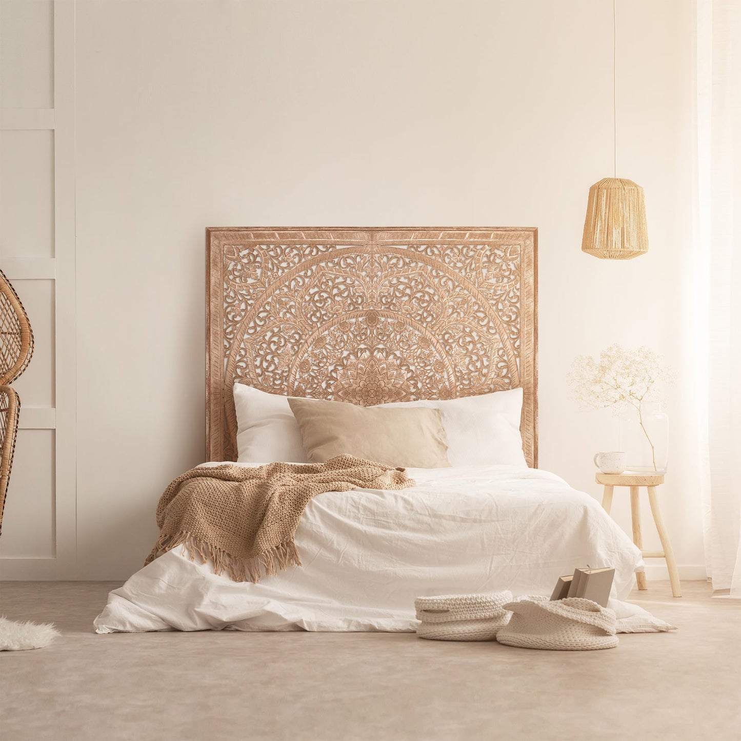 KultureDeco Personalized Carved Headboard Wall Panels, Manusa Natural Brown, Customizable Handcrafted Headboard from Bali Indonesia, Wall Mounted Behind Bed, King or Queen Size, Hardware Included