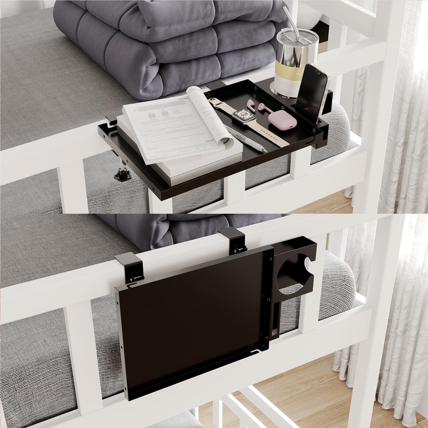AmzAge Metal Bedside Shelf Table Tray with Cup Holder, Foldable Bed Side Table for Bunk Bed & Top Bunk, College Dorm Room Essentials for Guys & Girls, Clip-on Laptop Nightstand for IKEA Beds, Black