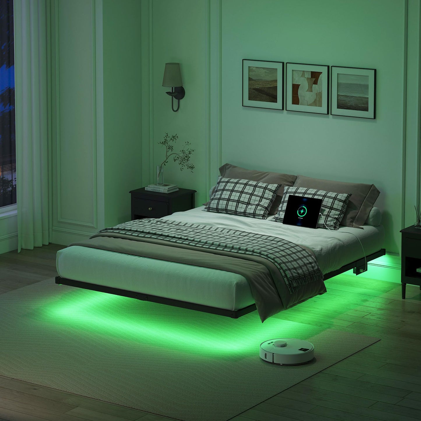 YORMDMO Floating Bed Frame Full Size, Heavy Duty Bedframe with Smart LED Lights & Charging Station, Modern Metal Platform Bed, Easy Assembly No Box Spring Needed, 10 Inch
