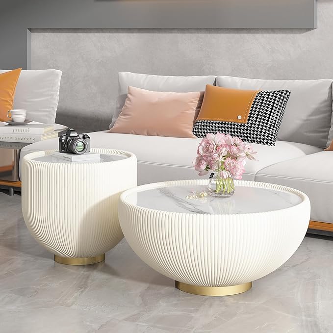 Henf Marble Round Side Table, 19.7" Fluted End Table