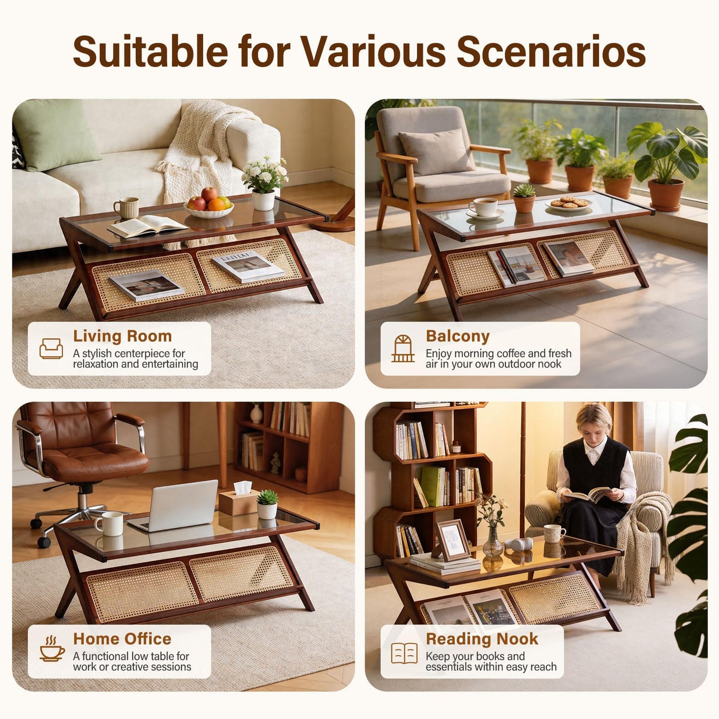 Tiita Rattan Coffee Table, Bamboo Accent Bedside Tables, Glass Nightstand Side Table, Boho Wooden End Table with Storage for Living Room,Living Room, Dining Room, Tea, Home Décor