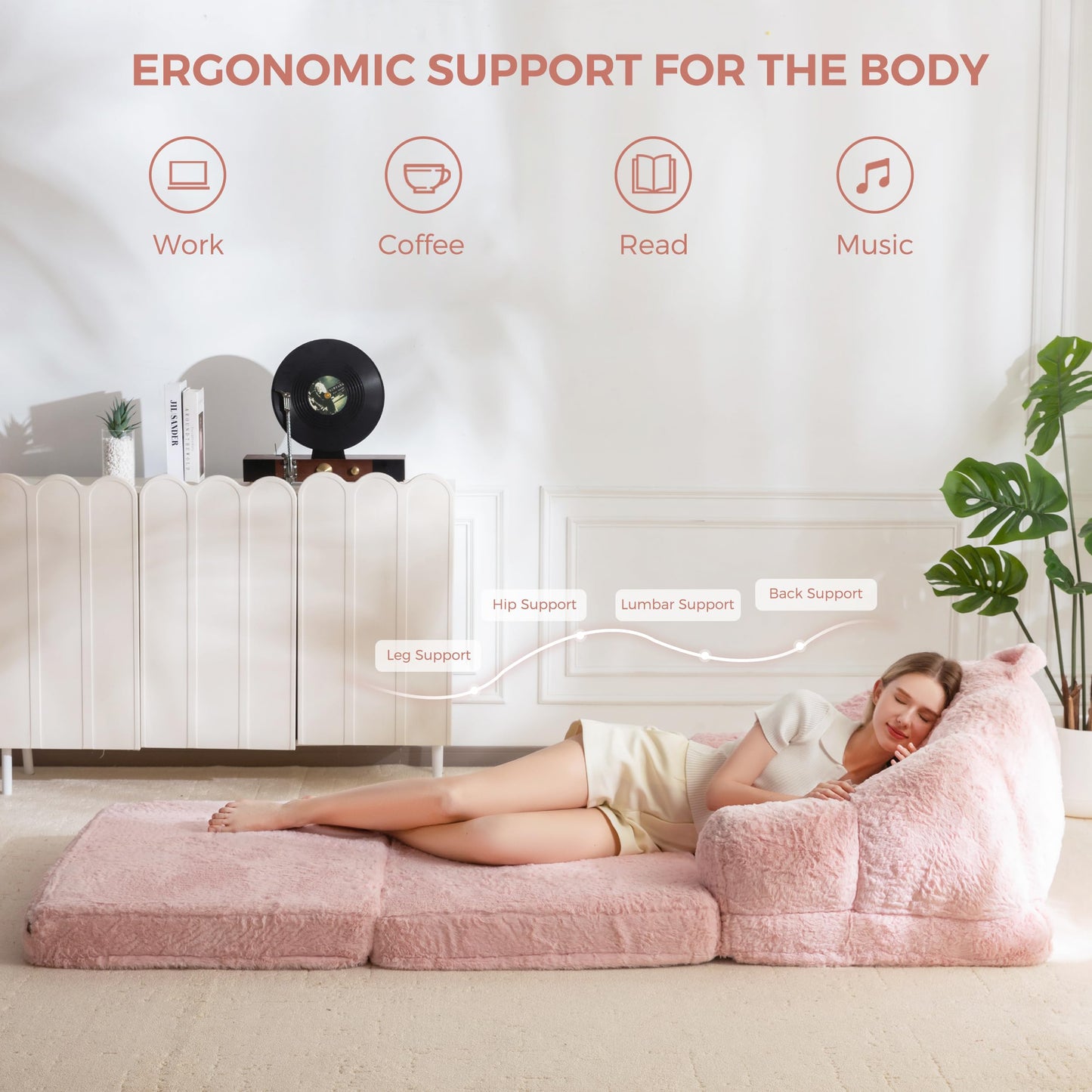 MAXYOYO Folding Sofa Bed, 2 in 1 Convertible Sofa to Lounger Comfy Single Bean Bag Chair for Adults, Floor Couch with Handle, Faux Fur Couch Bed for Living Room Bedroom, Pink
