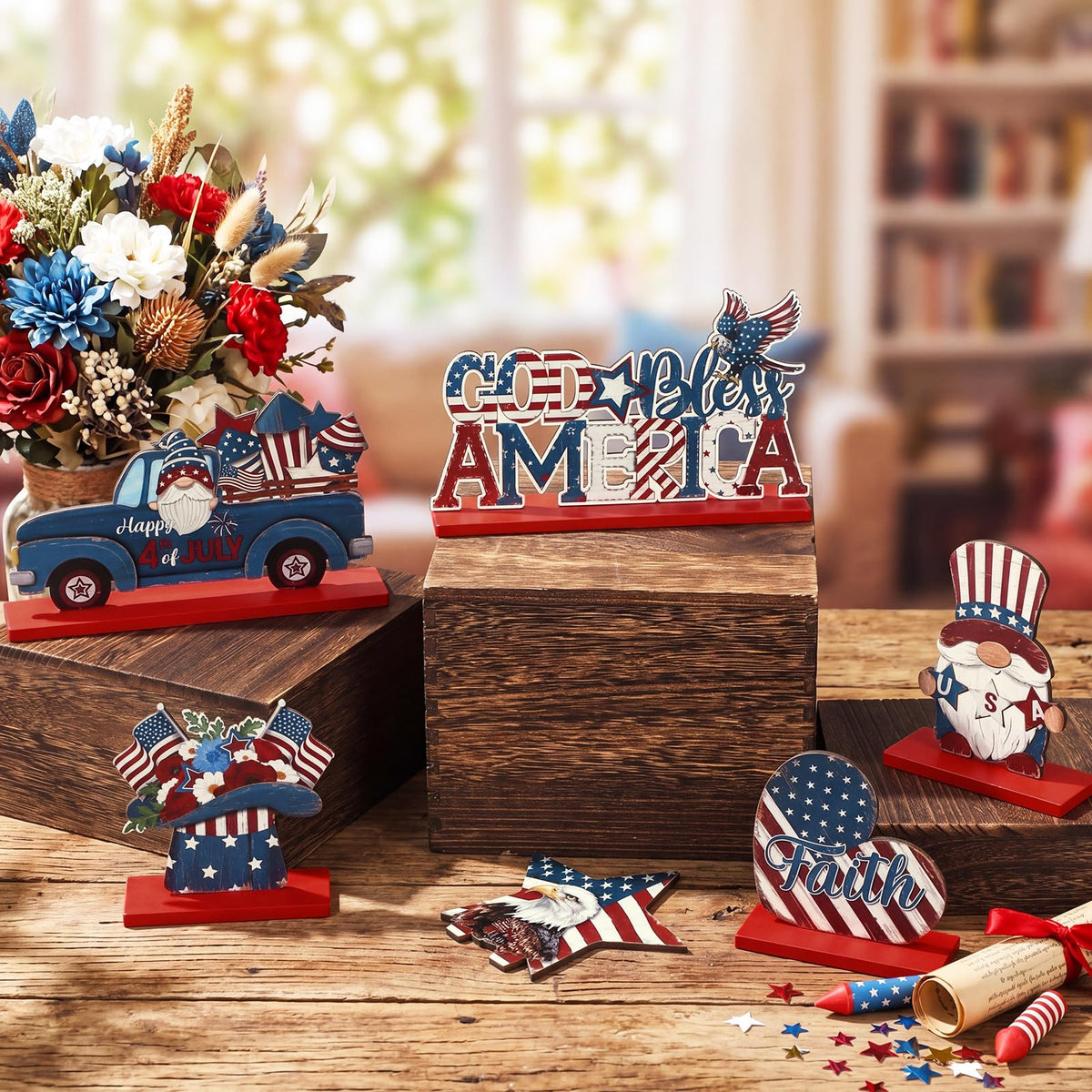 Qunclay 6 Pcs Patriotic Table Decor - Wooden Gnome Freedom Truck Star 4th of July Table Signs for Veterans Independence Day Topper Decor Memorial Day Decorations Supplies