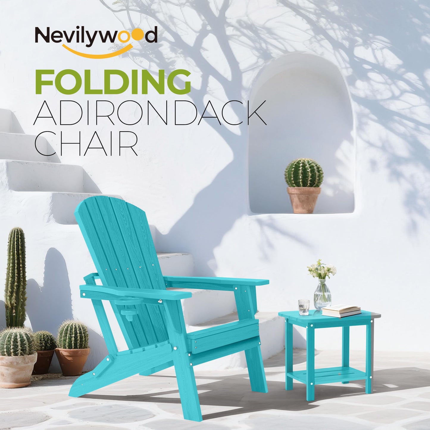nevilywood Folding Adirondack Chair, Ergonomic, Cup Holder, 380lbs,Aruba