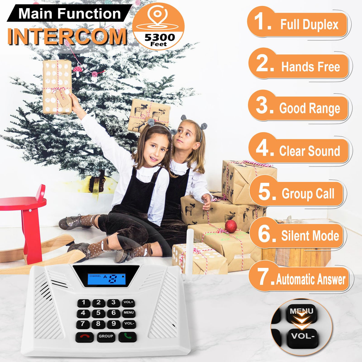 Intercoms Wireless for Home, Full Duplex Hands-Free Intercom, 5300ft Long Range Intercom System, Group Call and Auto Answer, 2 Code 9 Channel for House Office Hospital (2 Pack)