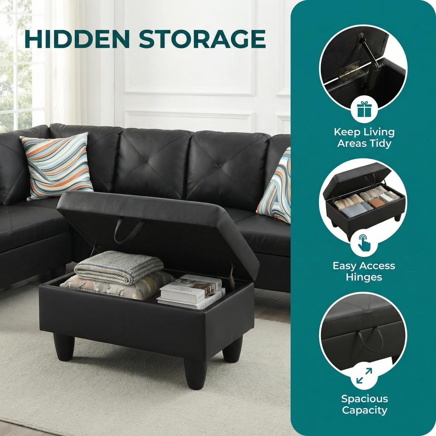 Trygoal 97" Leather 4-Seat L-Shaped Sectional Sofa with Movable Chaise & Storage Ottoman - 3-Piece Modular Convertible Couch for Living Room, Bedroom, Apartment & Office, Gloss Black