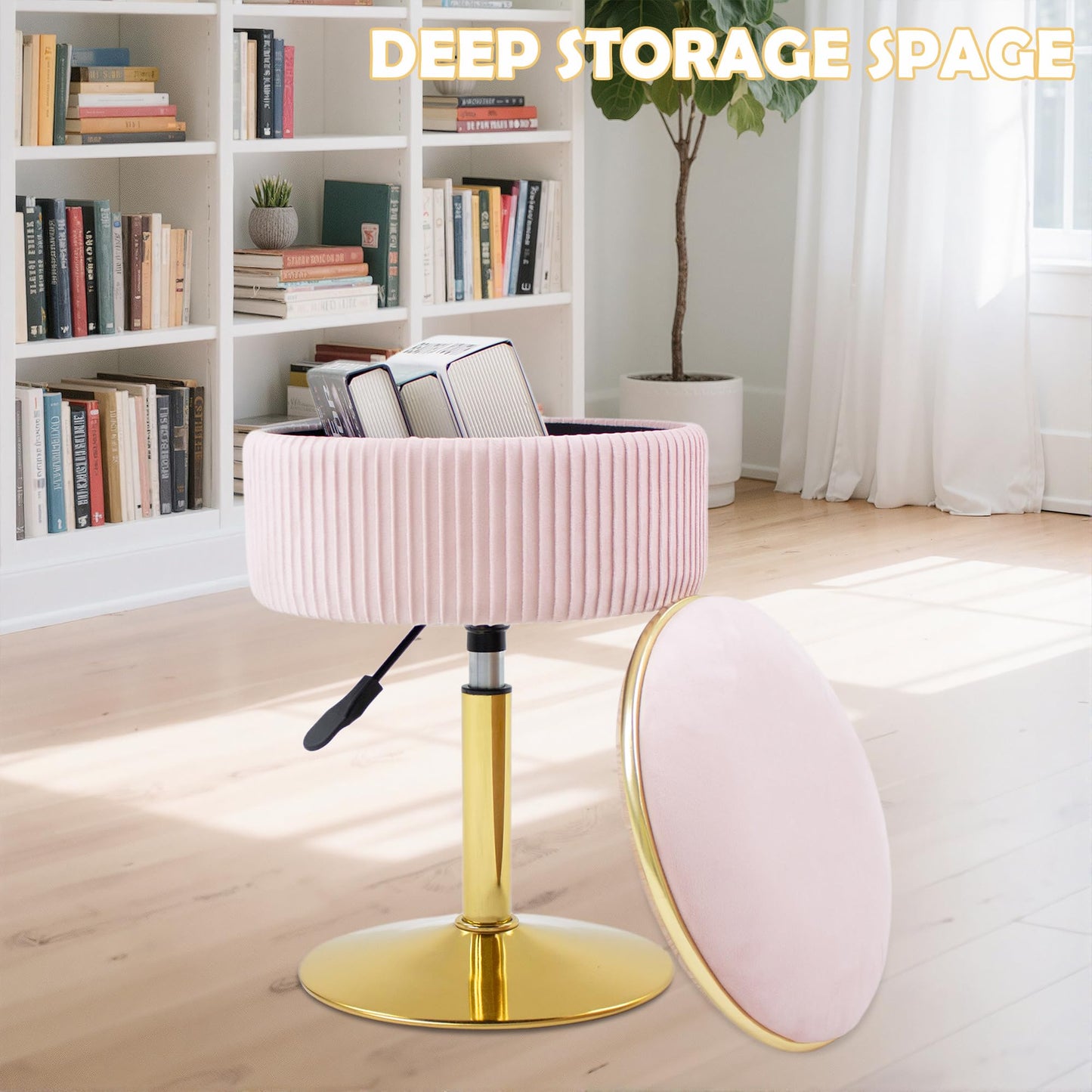 MRITWAII Adjustable Vanity Stool with Storage, 360° Swivel Makeup Stool Chair Small Velvet Round Ottoman with Gold Base for Bedroom, Pink
