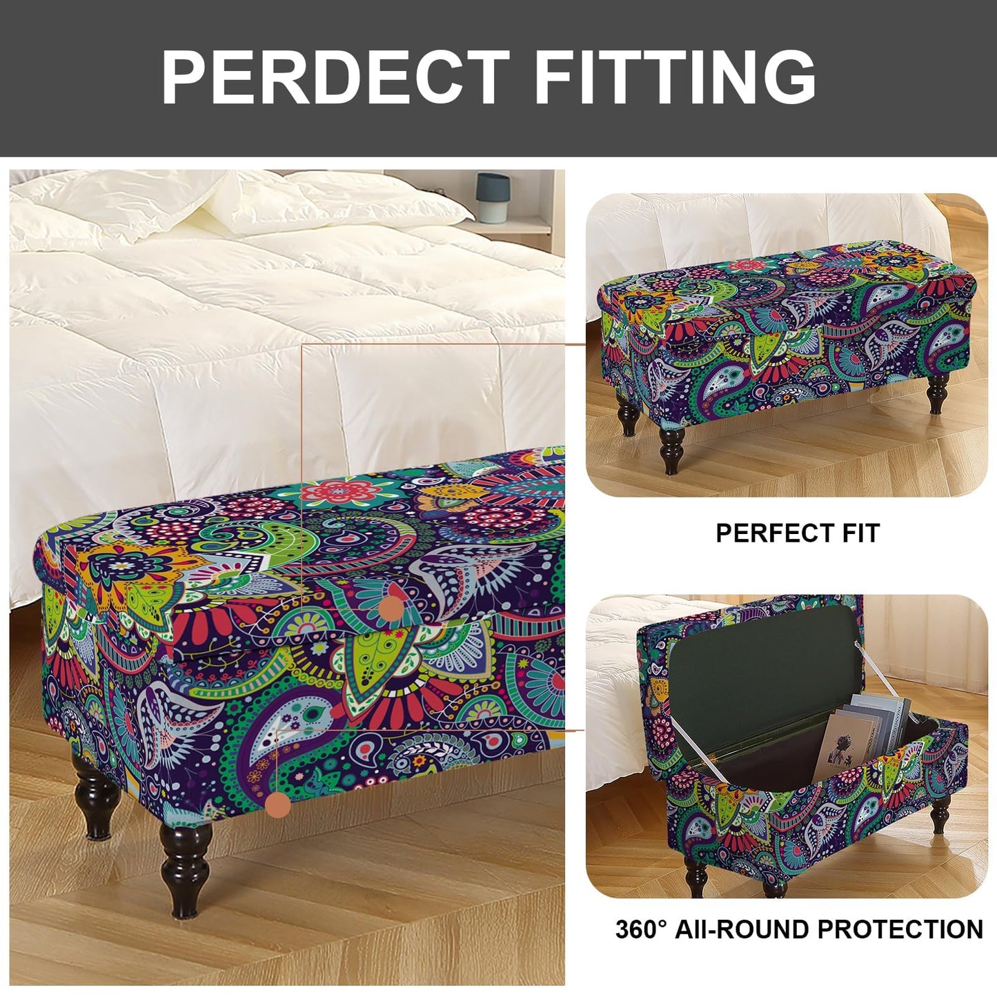 Eco-Ancheng Storage Ottoman Cover Rectangle Ottoman Slipcover Folding Storage Bench Cover Footrest Stool Slipcover Footstool Furniture Protector with Nonslip Elastic Bottom for Living Room (Medium 02)