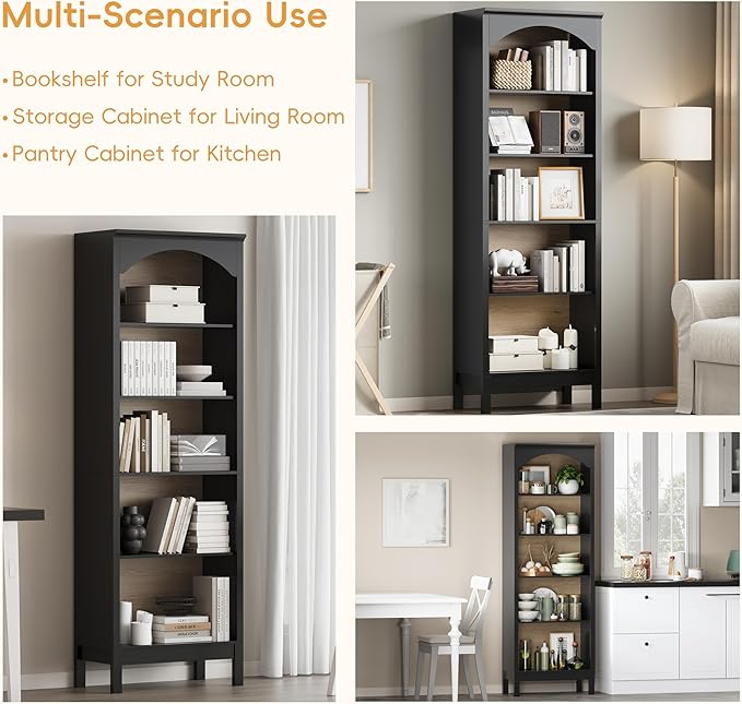 Arched Set of 2 Bookshelf with 5 Tier Open Shelves, Living Room, Modern Black