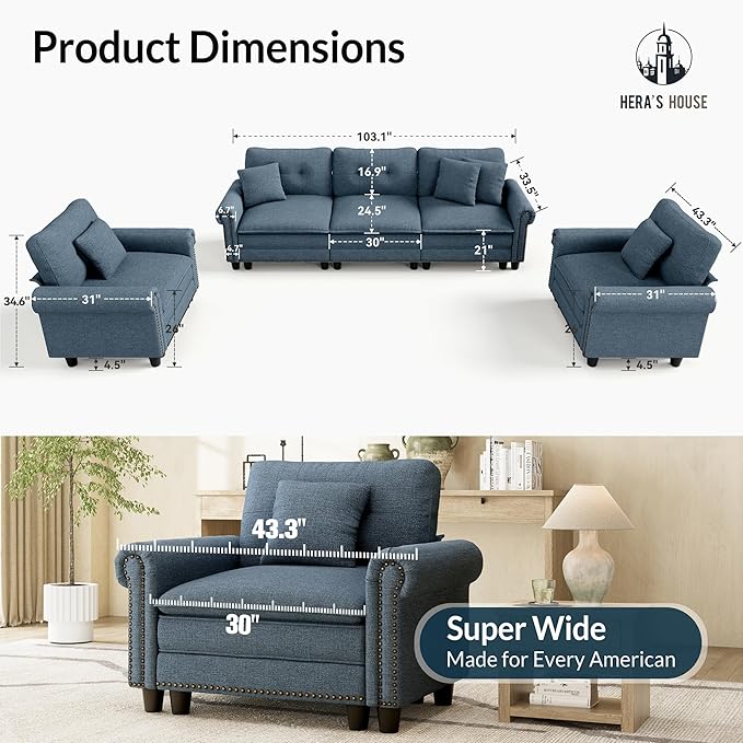 HERA'S HOUSE 3 Pieces Modular Sectional Sofa Sets, Oversized Couch Set