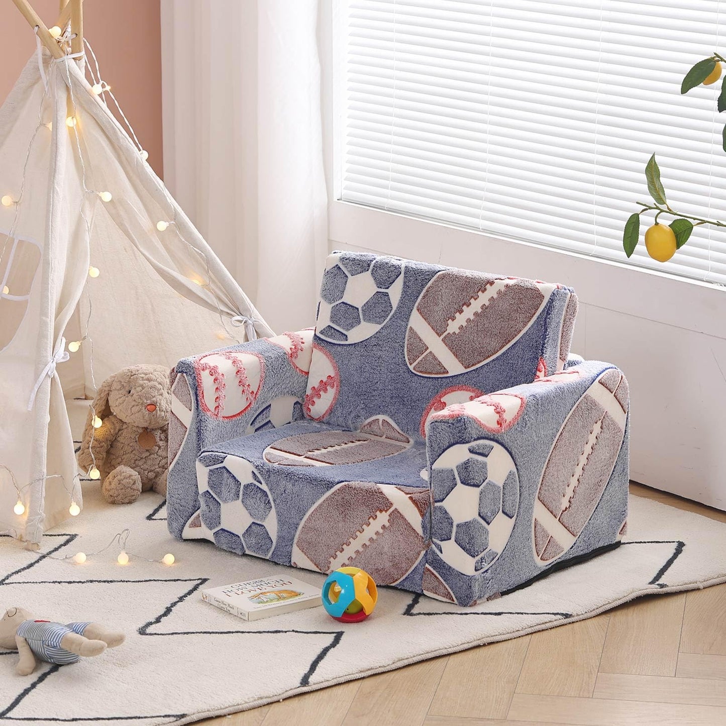 Tiita Kids Sofa, 2-in-1 Kids Sofa Chair, Convertible Toddler Couch to Lounger, Flip Out Baby Sofa Chair, Toddler Armrest Chair Bed, Folding Kid Play Sofa for Girl or Boy(Ball)
